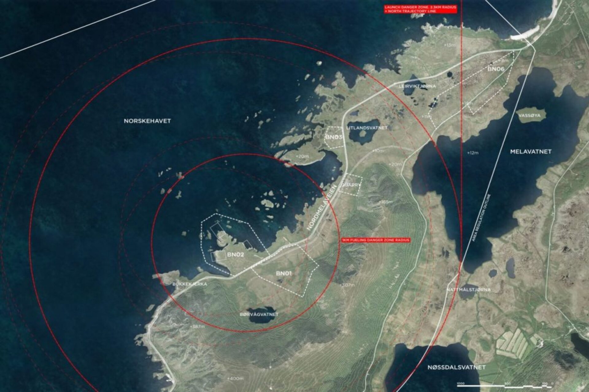 Andøya: la sede principale BN06, la piattaforma di lancio BN02 e le infrastrutture di supporto BN01 e BN03