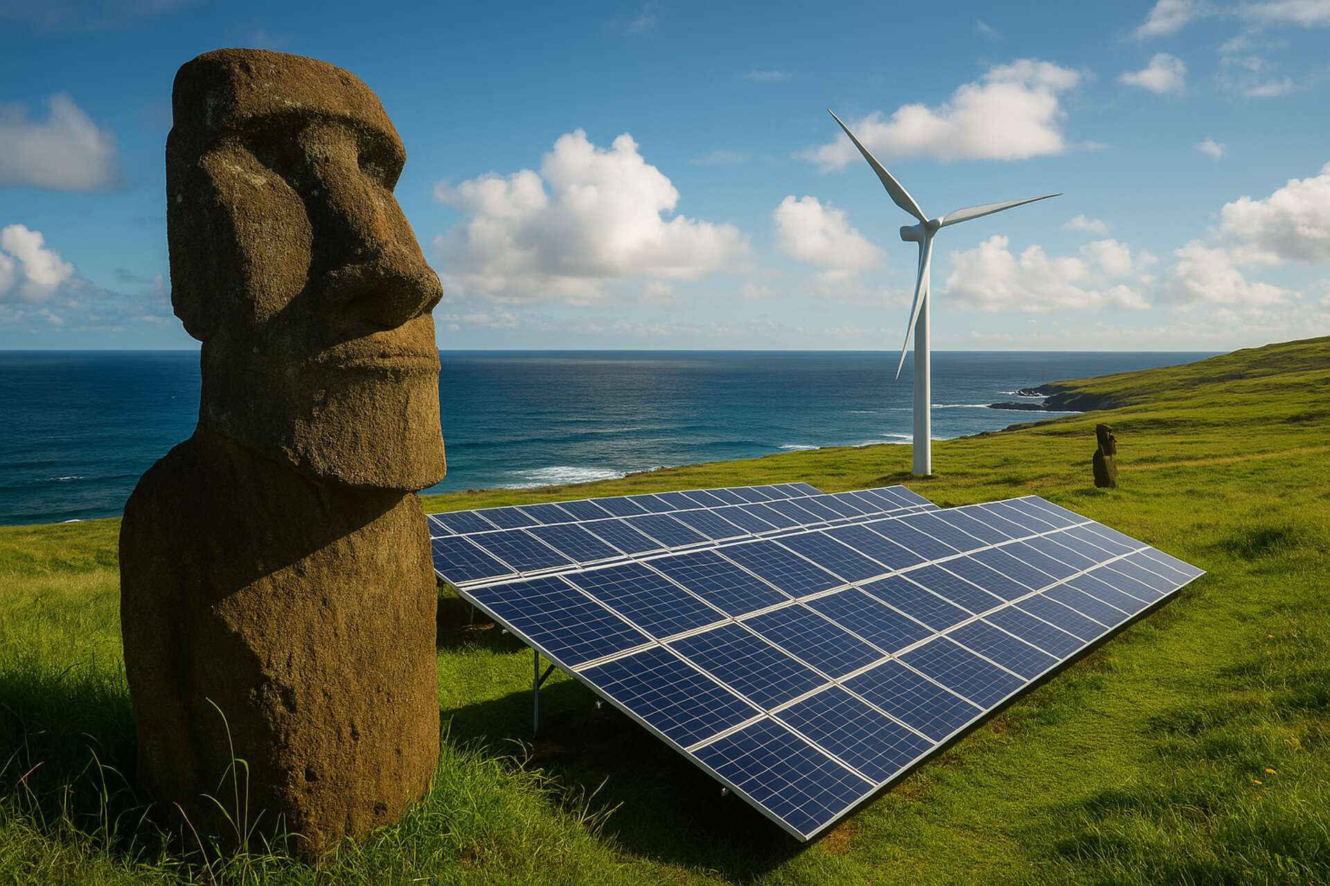 Rapa Nui: un antico Moai veglia sull’Isola di Pasqua, mentre sullo sfondo si estendono pannelli solari e una turbina eolica