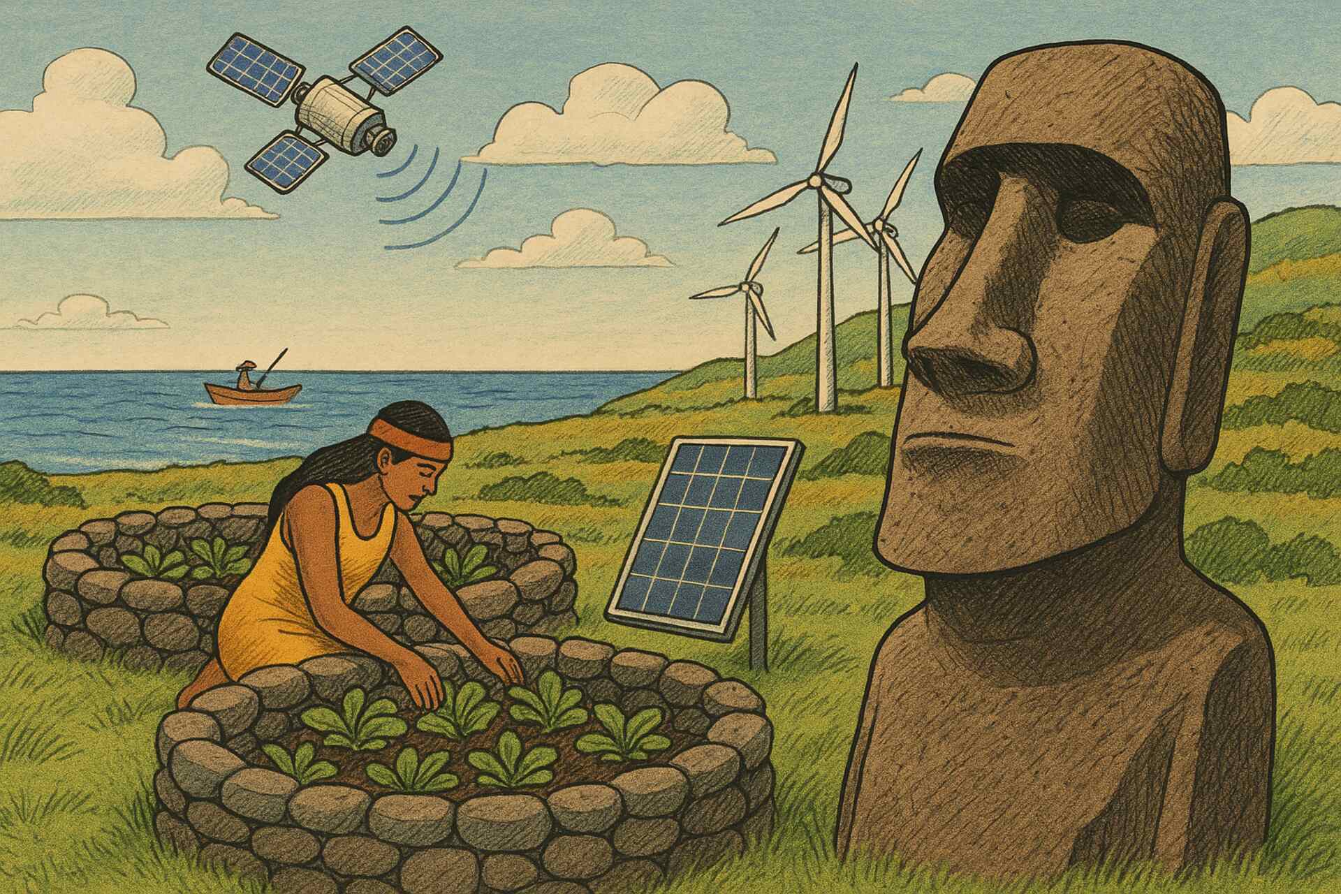 Rapa Nui: in un paesaggio rigoglioso, una donna coltiva un orto accanto a un Moai, simbolo della cultura ancestrale dell'isola