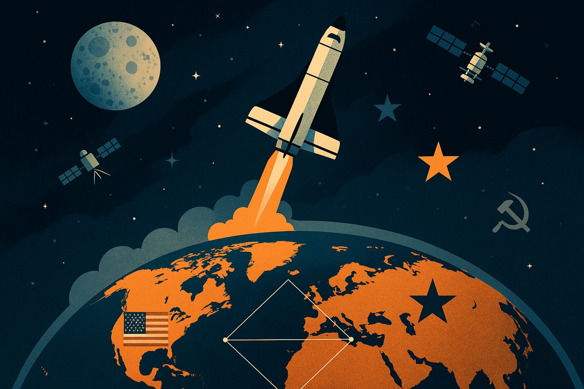 Space economy e geopolitica: illustrazioni artistiche sulla new space economy ritraggono l’intreccio tra innovazione e interessi industriali