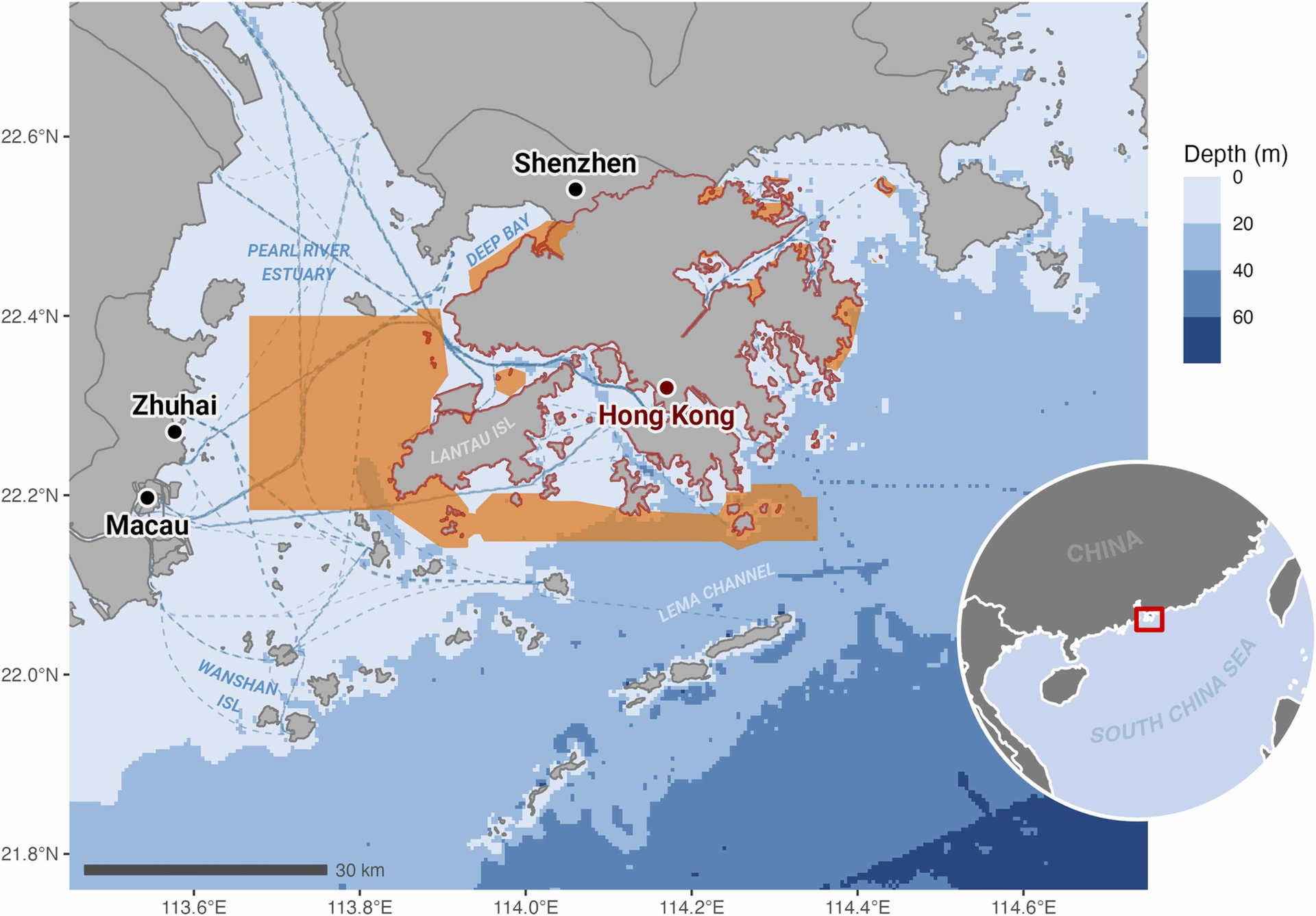La mappa della Greater Bay Area di Hong Kong e delle sue riserve marine