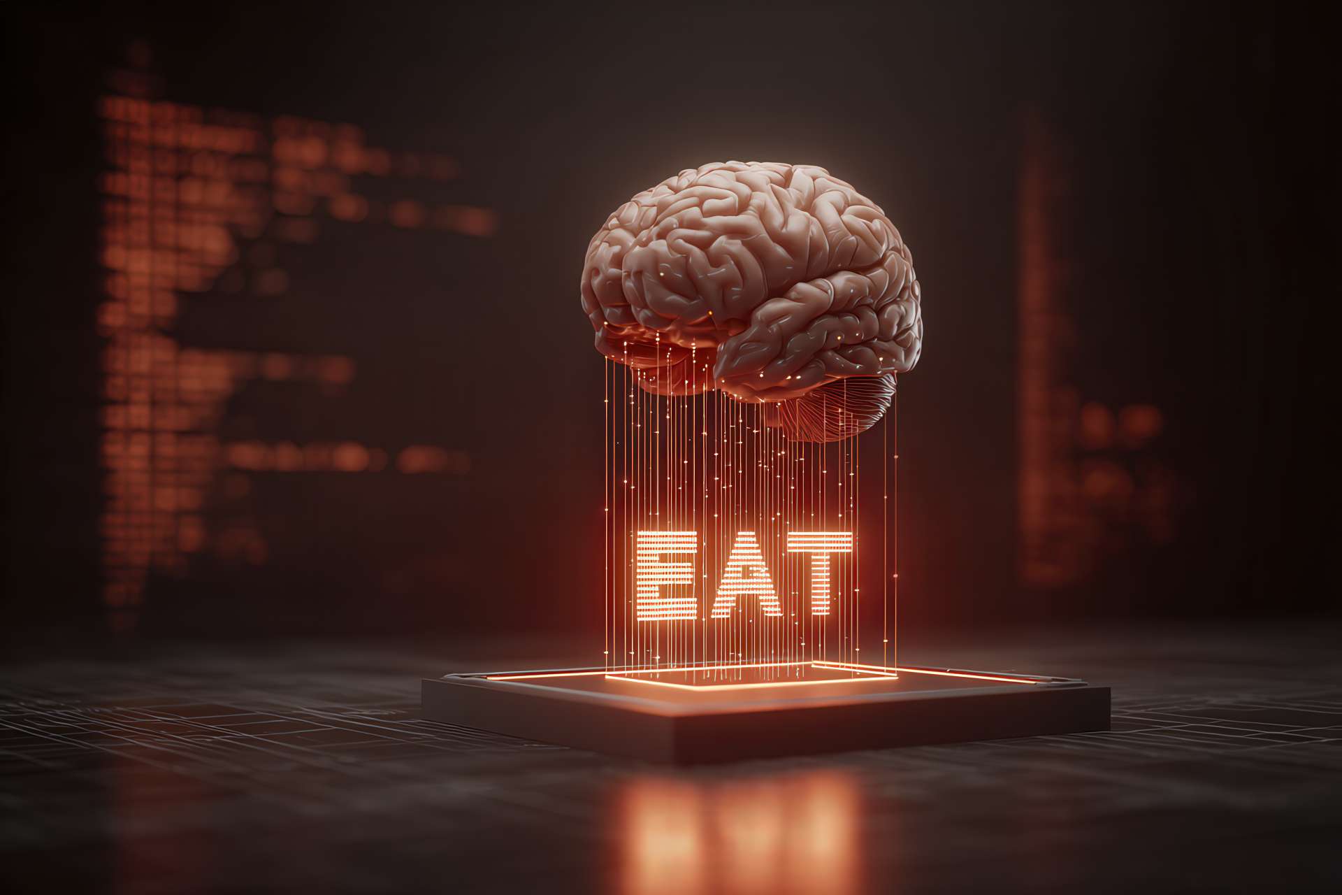 Impatto delle AI : Pedana digitale con cervello umano e nucleo AI che analizzano un documento E-E-A-T