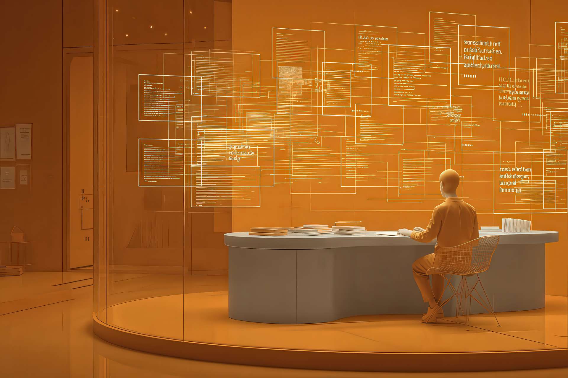 Impatto delle AI : Redattore umano circondato da intelligenze artificiali mentre scrive contenuti editoriali