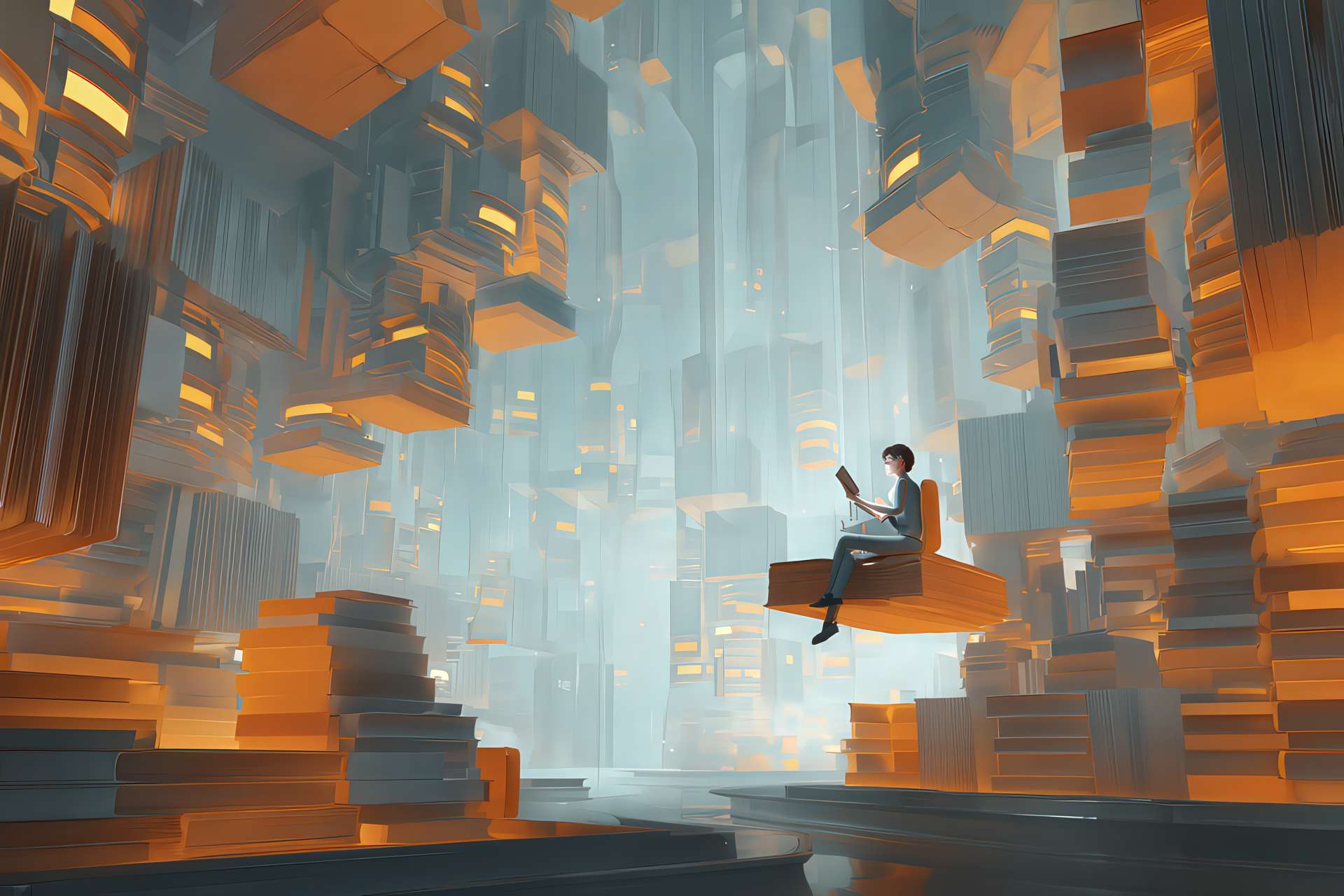 Impatto delle AI : Biblioteca digitale con un libro letto da un umano e da un'intelligenza artificiale
