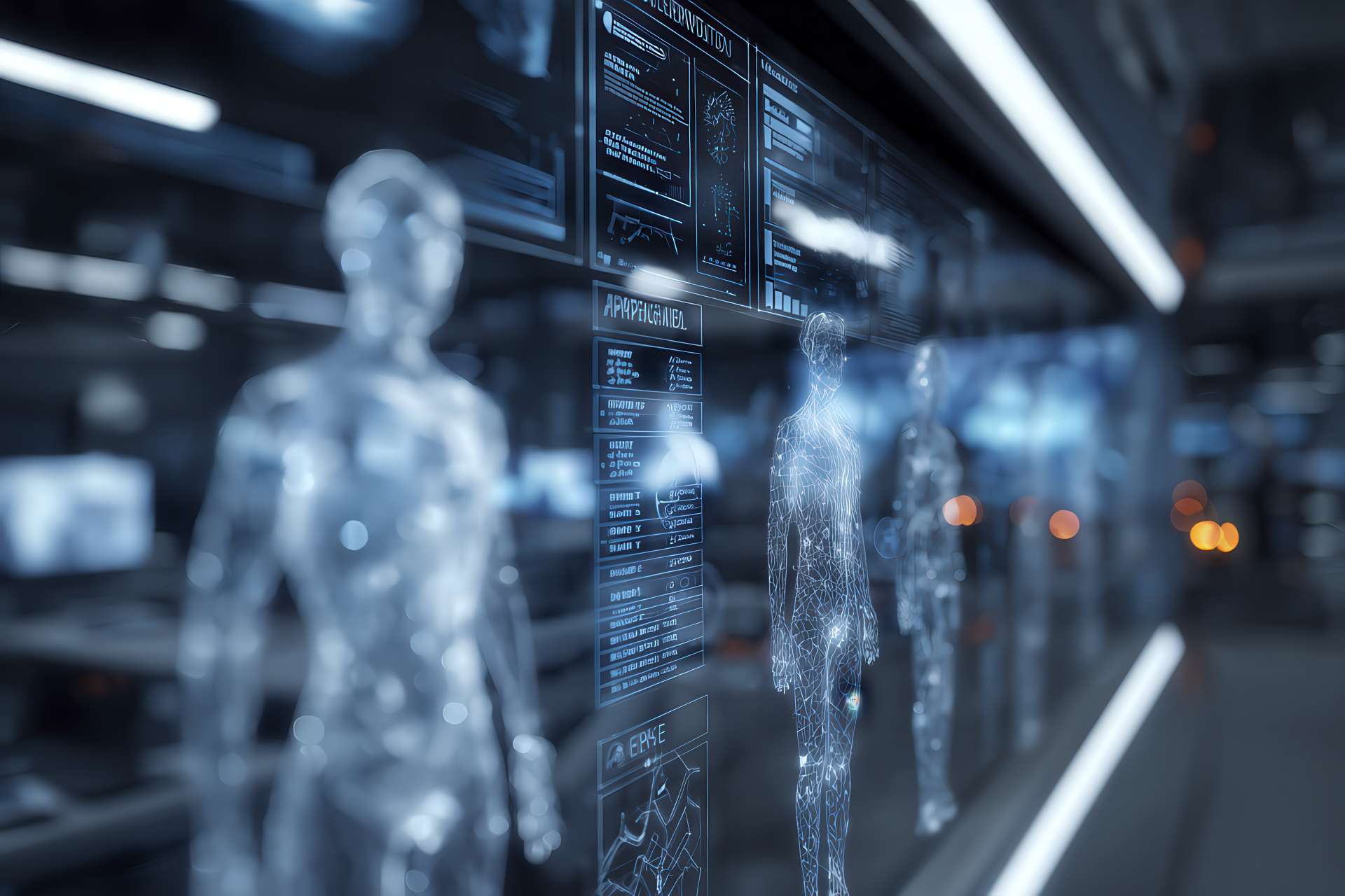 Sala di controllo futuristica con agenti AI e sviluppatori umani che collaborano su schermi digitali