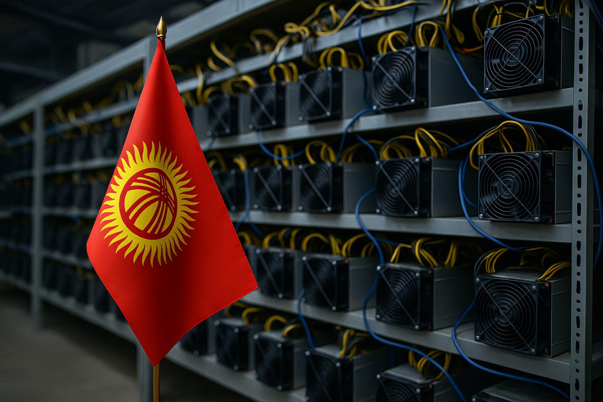 Illustrazione concettuale che unisce identità nazionale e innovazione finanziaria, con elementi di oro, criptovalute e simboli kirghisi a rappresentare la nuova strategia economica di Bishkek