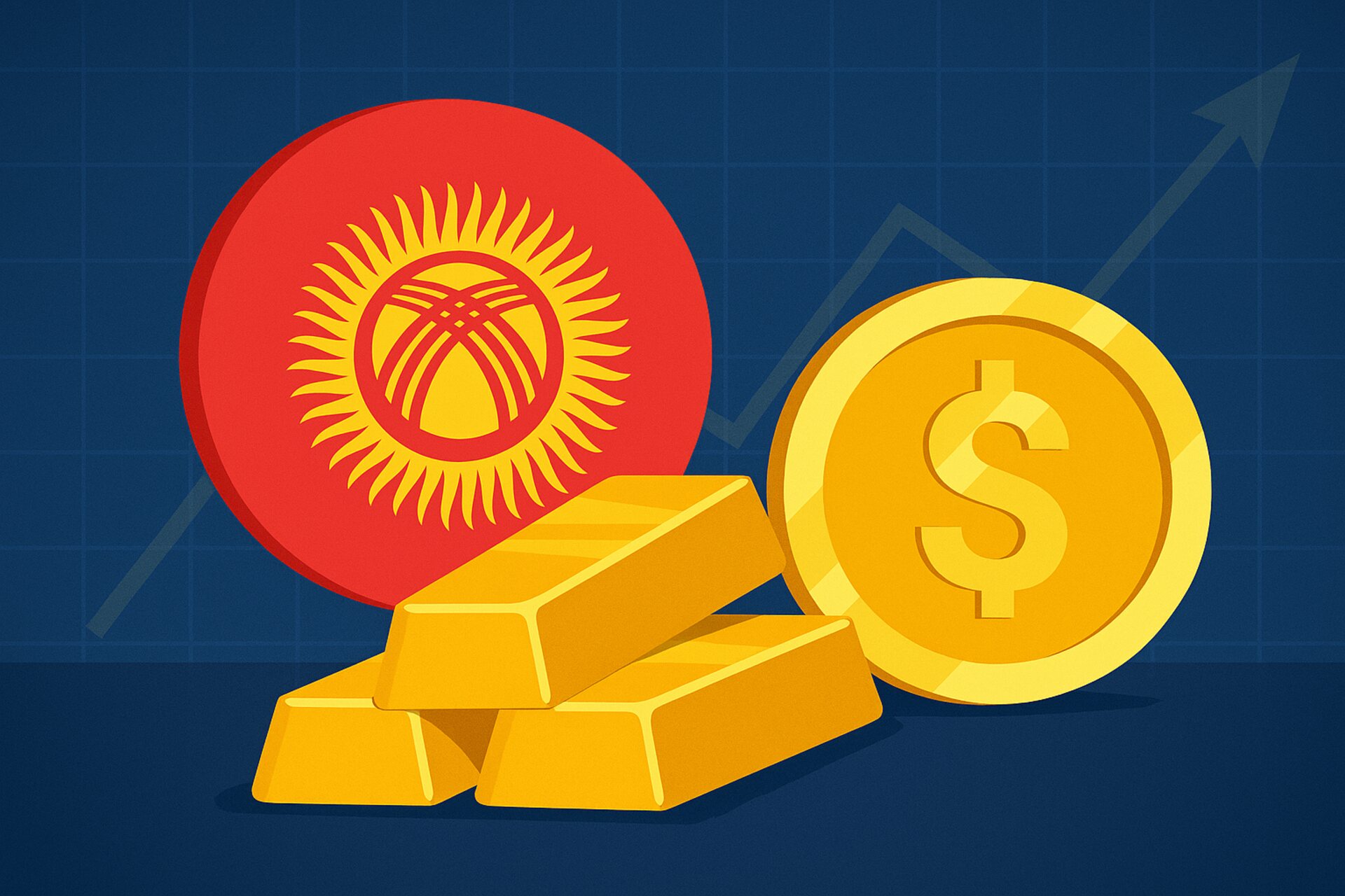 Illustrazione concettuale che unisce identità nazionale e innovazione finanziaria, con elementi di oro, criptovalute e simboli kirghisi a rappresentare la nuova strategia economica di Bishkek
