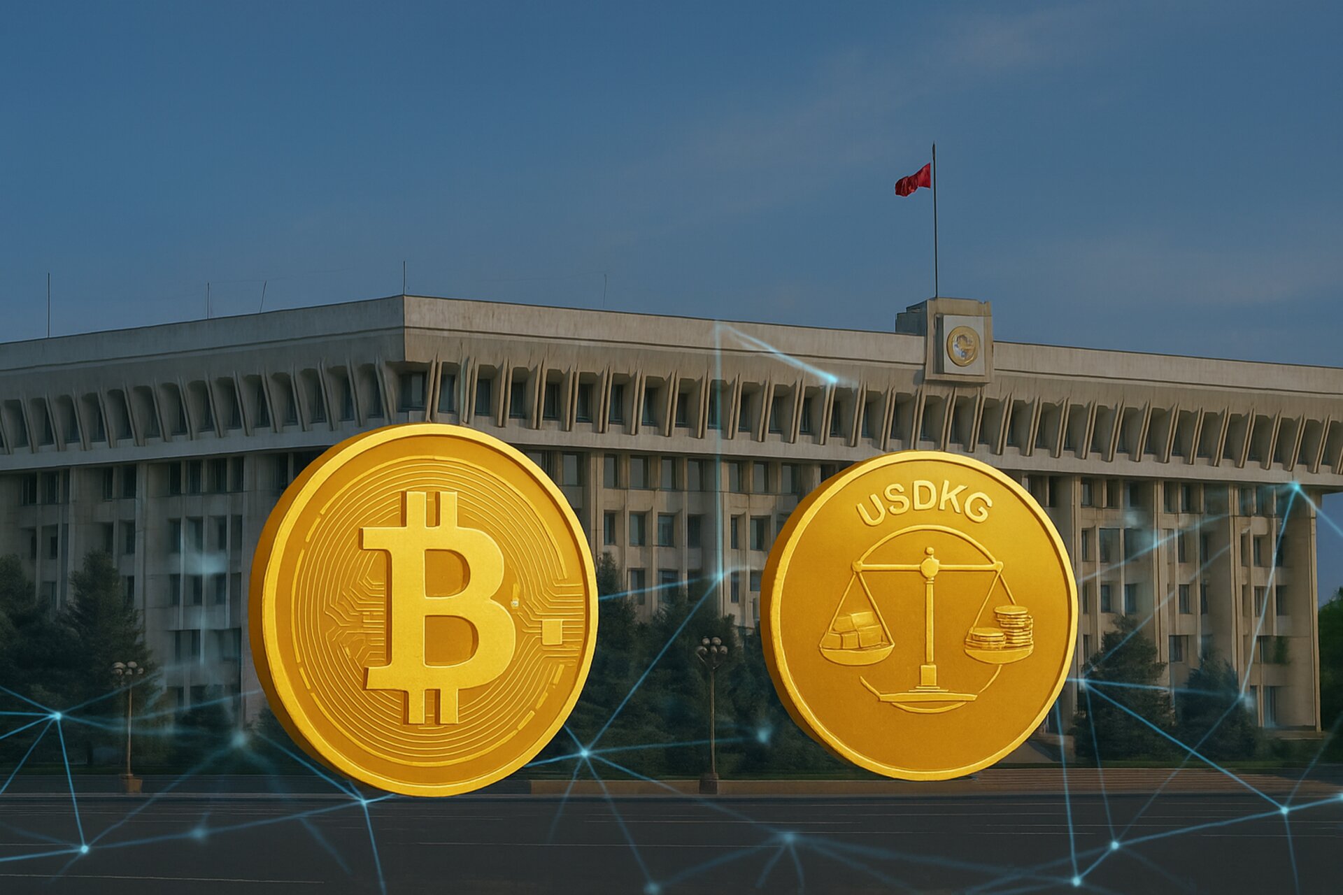 Vista simbolica del Kirghizistan che adotta soluzioni di finanza digitale e innovazione economica, con riferimenti a criptovalute, stablecoin e trasformazione tecnologica del Paese