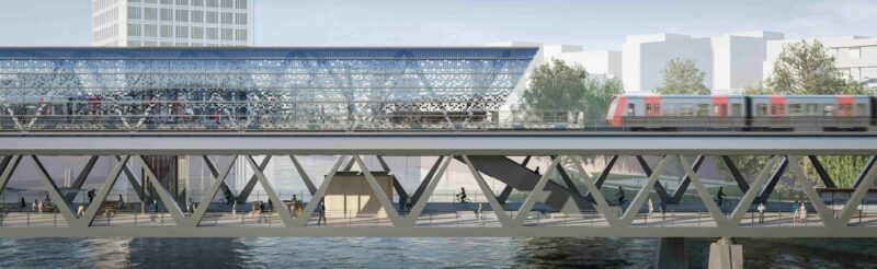 Stazione Moldauhafen di Amburgo sospesa sull’acqua, prima del suo genere, progettata con facciate fotovoltaiche e soluzioni sostenibili per integrare trasporto pubblico e innovazione architettonica