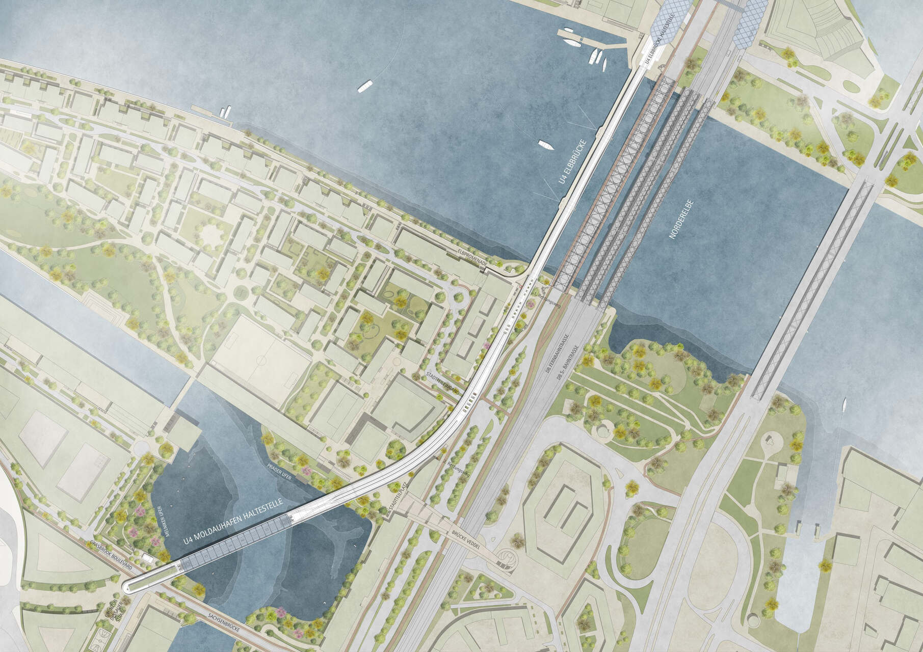 Visione di Grasbrook ad Amburgo come modello europeo di rigenerazione urbana, tra sostenibilità, mobilità pubblica avanzata e valorizzazione degli spazi storici del vecchio Porto dei Cechi