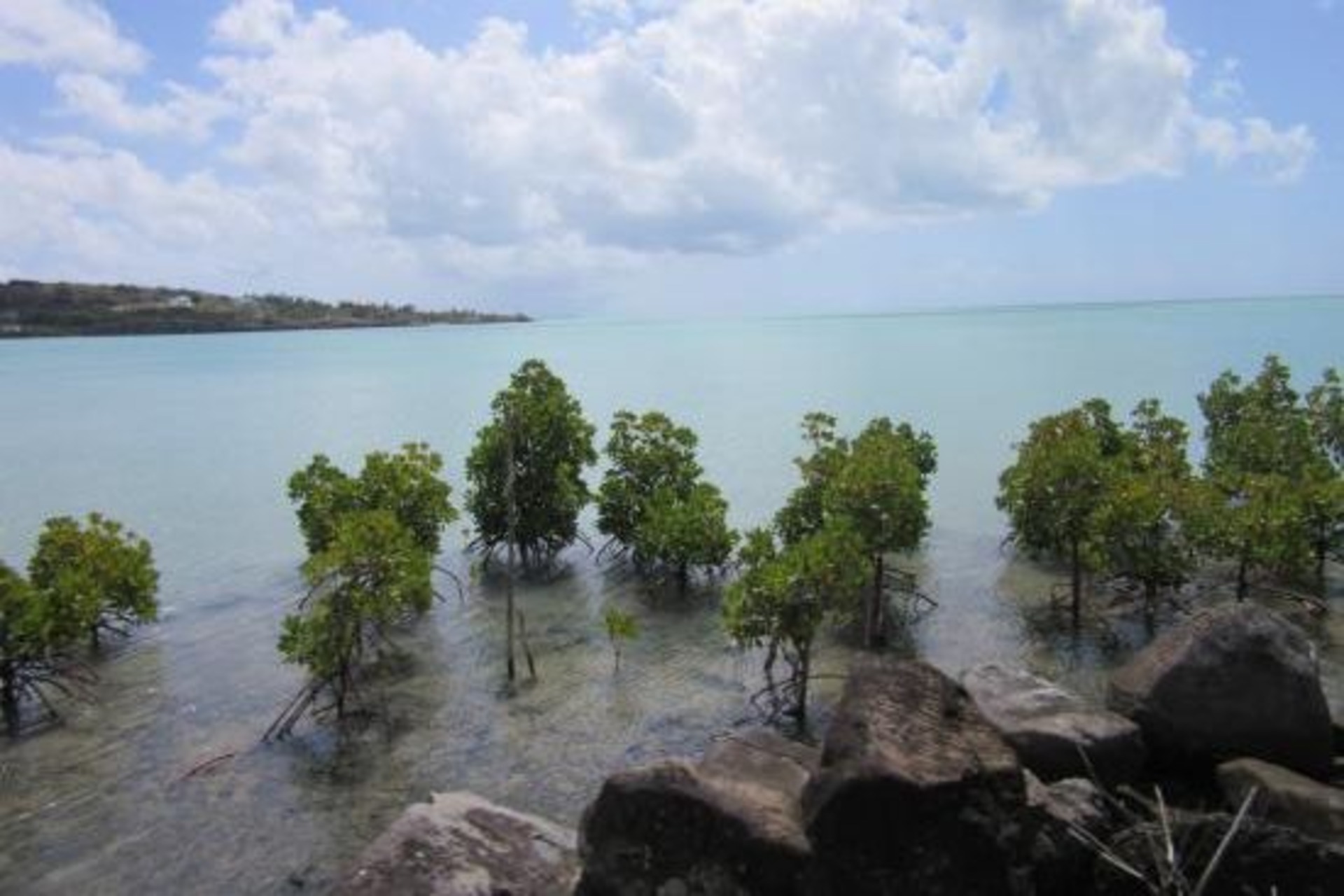 Rodrigues: vista generale del territorio insulare con elementi naturali e insediamenti, rappresentativa di progetti su clima, biodiversità, gestione delle risorse e nuovi modelli di sviluppo sostenibile