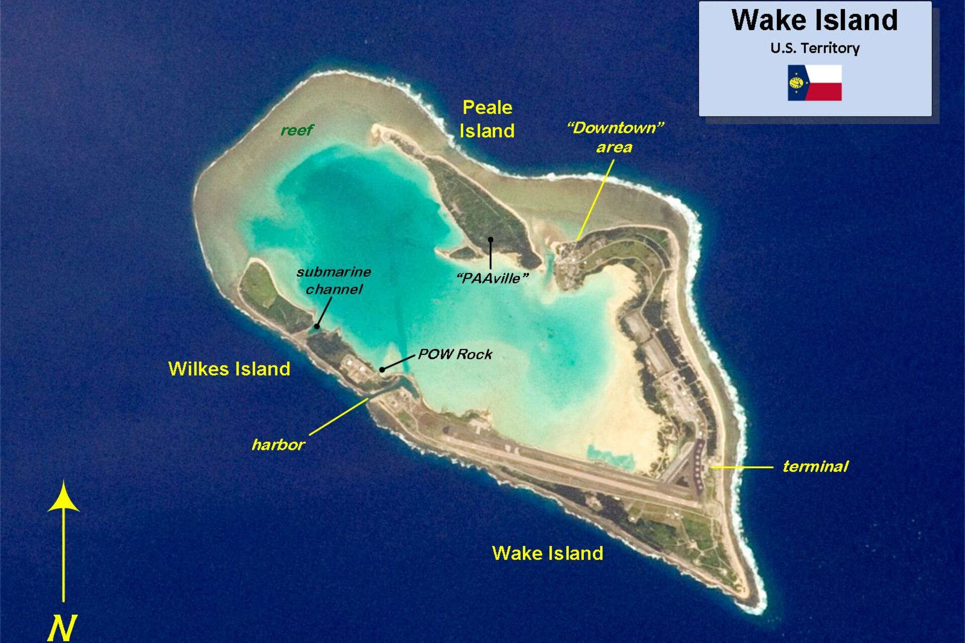 Wake Island: scena indicativa di un territorio insulare con pista, strutture essenziali e contesto oceanico, riferimento alle sfide della distanza e ai moderni processi di innovazione applicati alla logistica avanzata