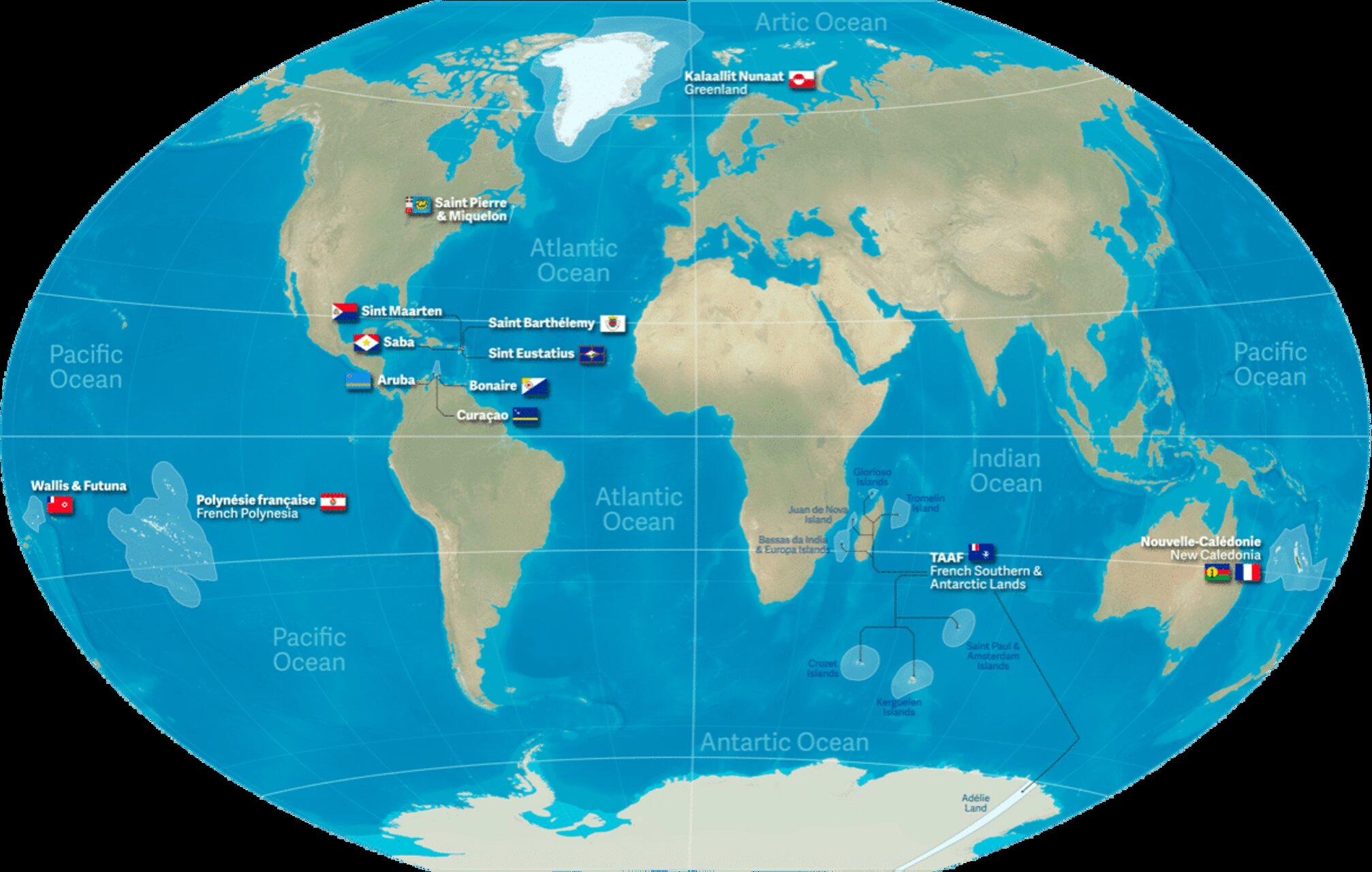 OCTA: rappresentazione geografica dei territori d’oltremare associati all’UE, utilizzata per analizzare cooperazione multilaterale, governance oceanica, transizione verde e sperimentazione di modelli innovativi in contesti insulari