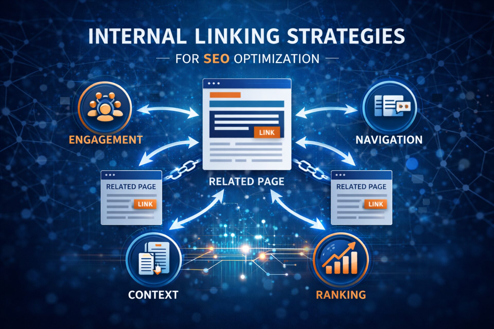 Internal linking: visualizzazione dell’architettura SEO di un sito con collegamenti tra pagine correlate per migliorare navigazione, gerarchia dei contenuti, user experience e comprensione del sito da parte dei motori di ricerca