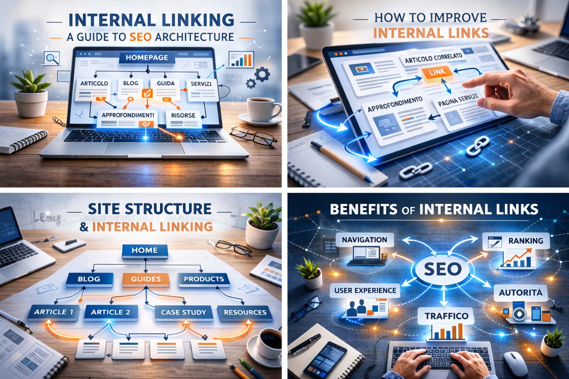 Internal linking: visualizzazione dell’architettura SEO di un sito con collegamenti tra pagine correlate per migliorare navigazione, gerarchia dei contenuti, user experience e comprensione del sito da parte dei motori di ricerca