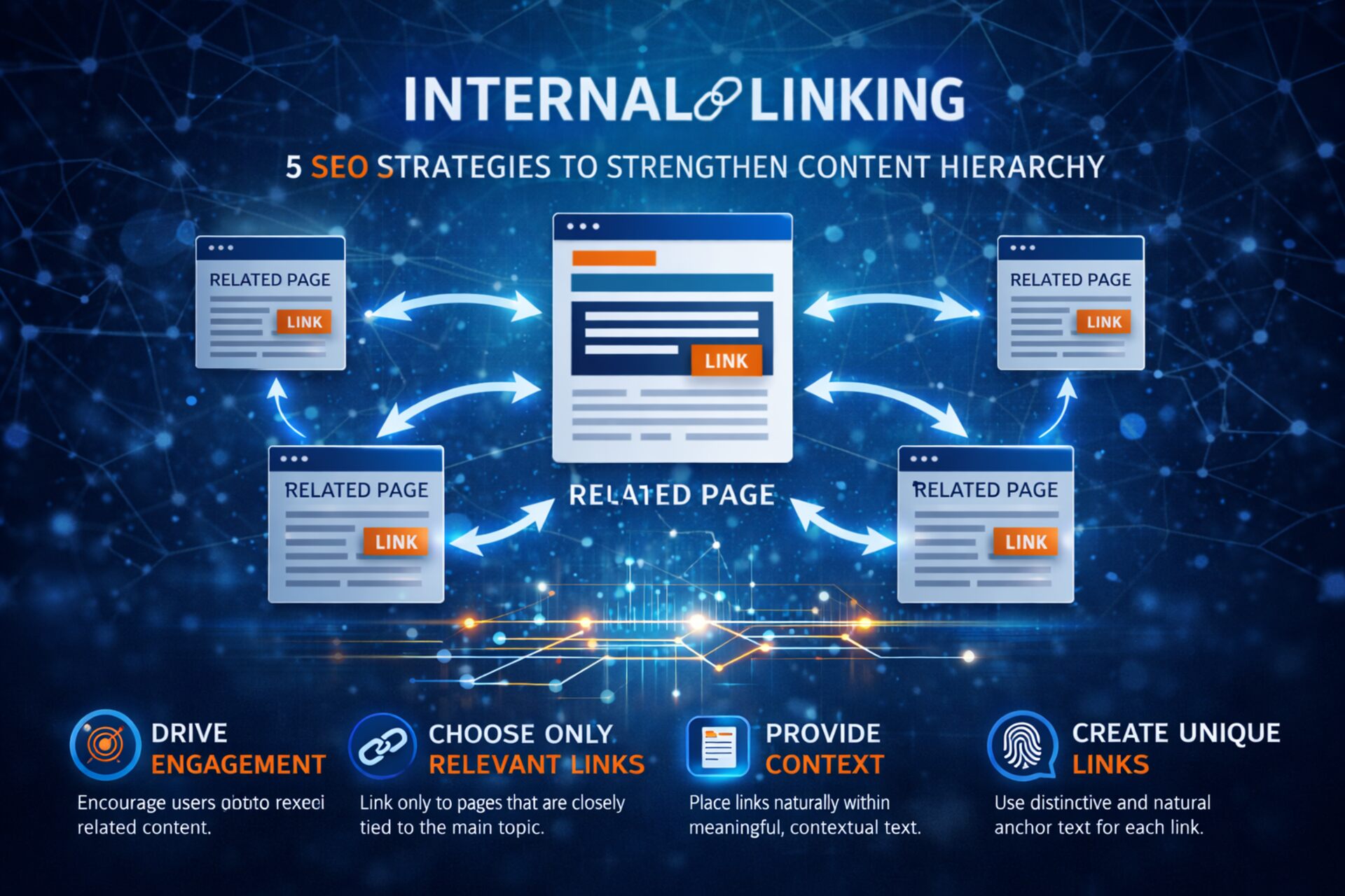 Internal linking: visualizzazione dell’architettura SEO di un sito con collegamenti tra pagine correlate per migliorare navigazione, gerarchia dei contenuti, user experience e comprensione del sito da parte dei motori di ricerca