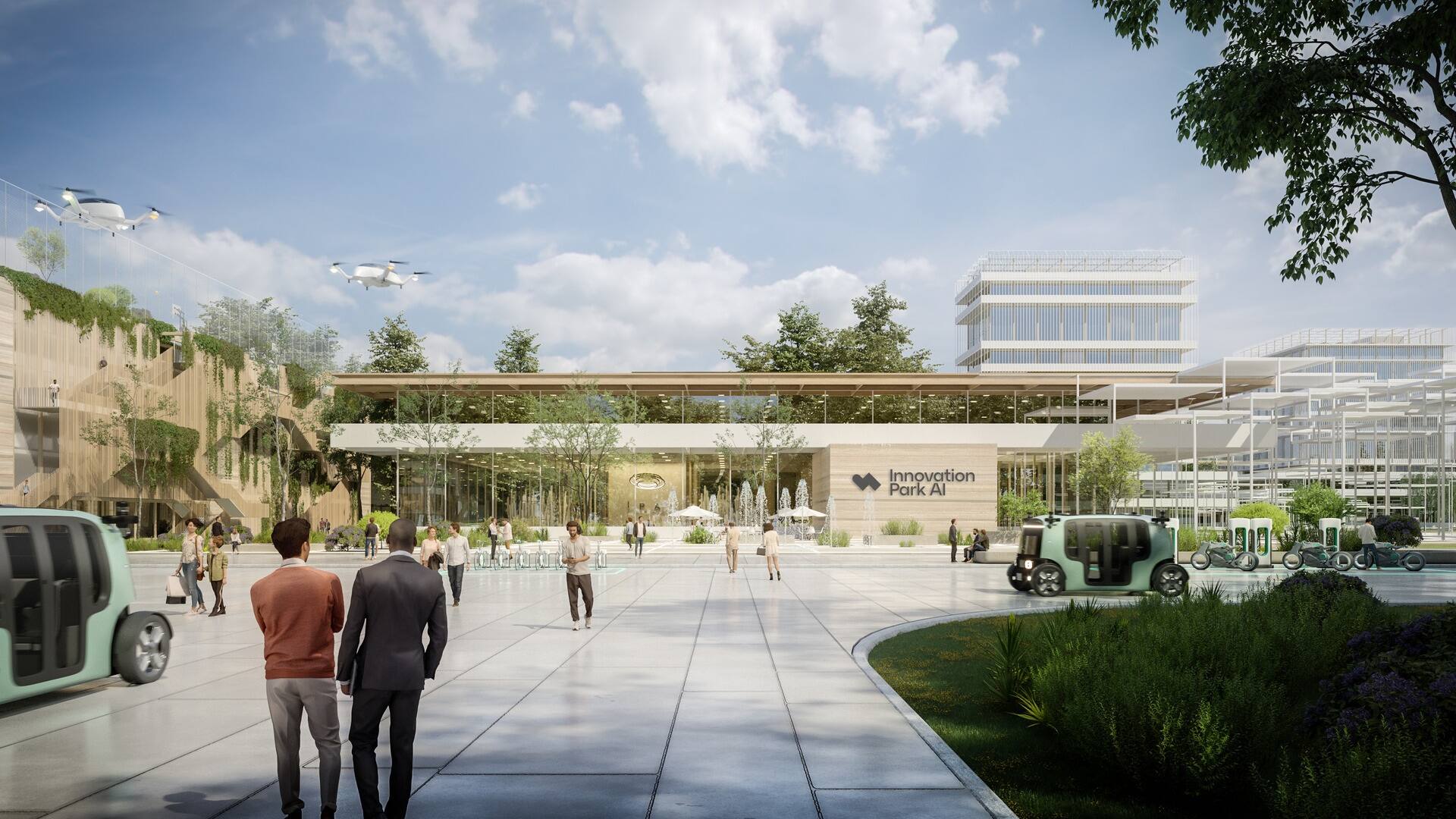 IPAI Campus: visualizzazione del campus per l’innovazione nell’intelligenza artificiale, con attenzione a sostenibilità edilizia, connettività digitale, spazi di co-creazione e integrazione tra ricerca, imprese e formazione avanzata