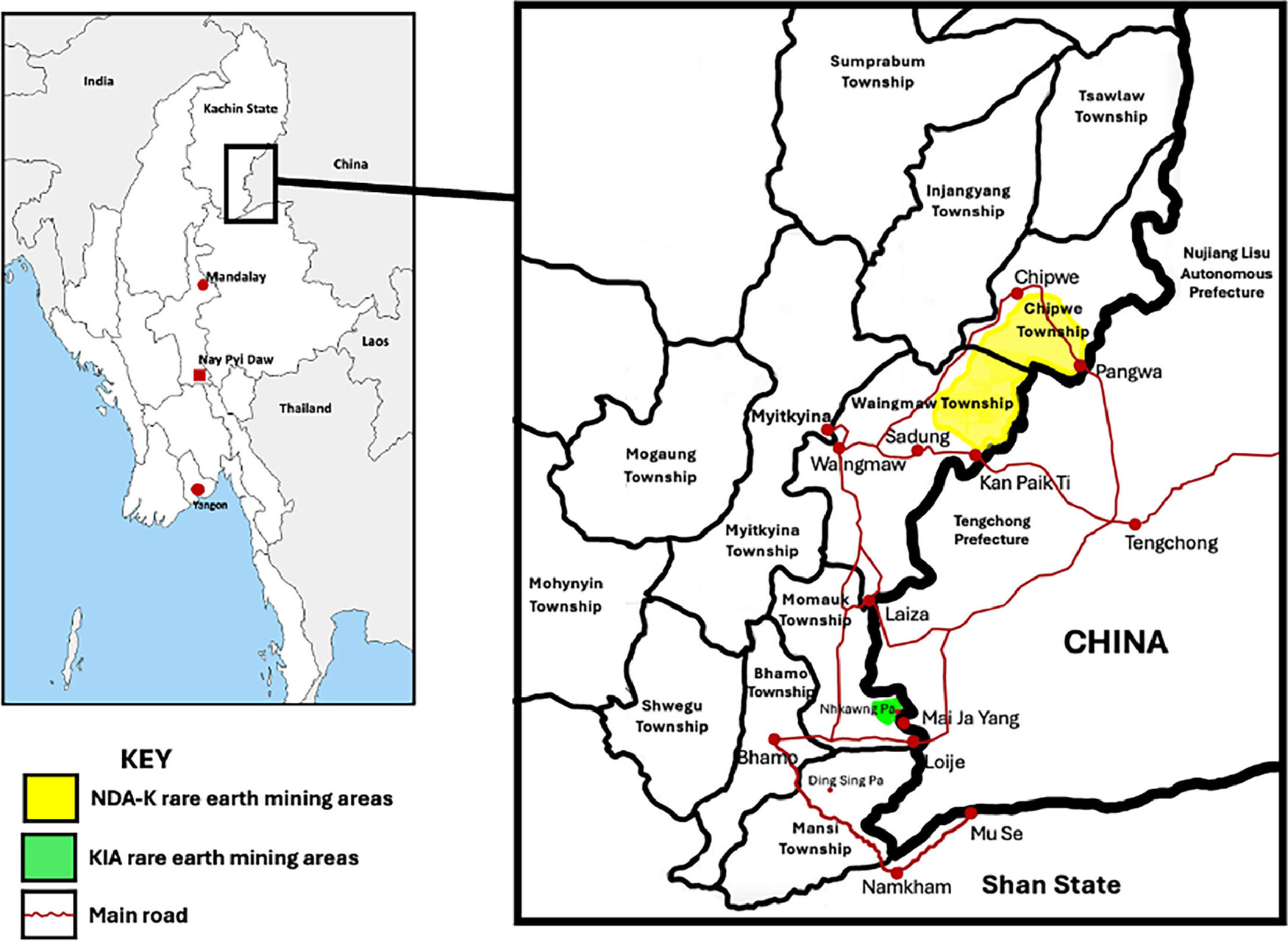 Stato Kachin: pendii collinari e foreste trasformati dall’estrazione di disprosio e terbio, elementi strategici per turbine eoliche e veicoli elettrici, con impatti ambientali e sociali sulle comunità locali