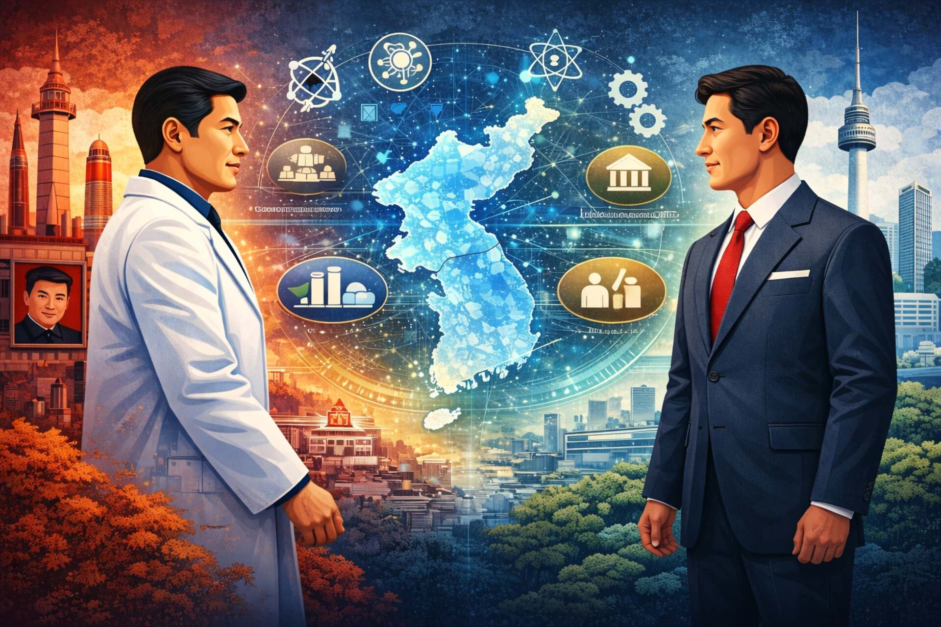 Sfida tecnologica coreana: illustrazione del divario tra sviluppo tecnologico, ricerca scientifica e industria nelle due Coree, con elementi visivi che richiamano innovazione, collaborazione e possibile convergenza futura