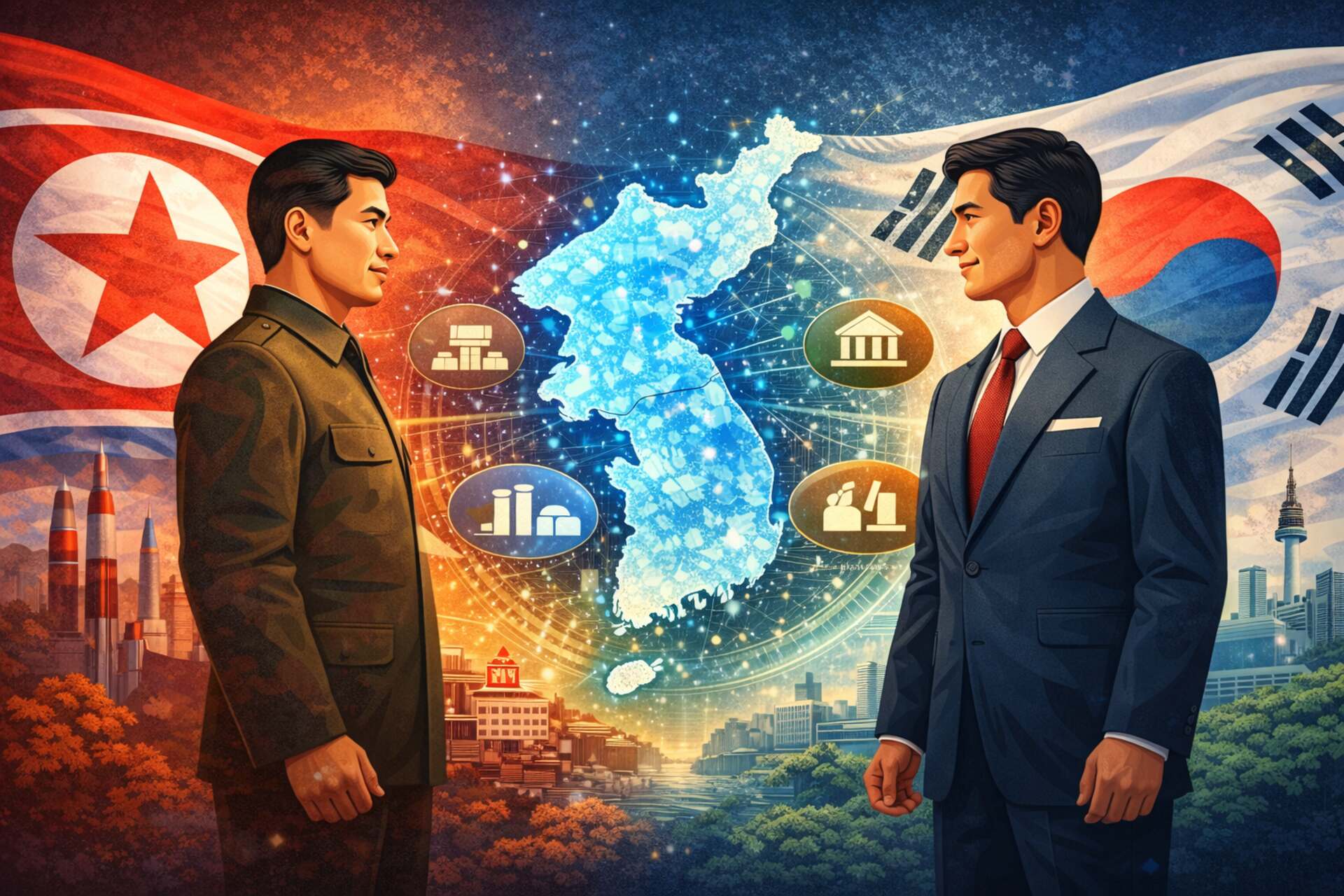 Sfida tecnologica coreana: illustrazione del divario tra sviluppo tecnologico, ricerca scientifica e industria nelle due Coree, con elementi visivi che richiamano innovazione, collaborazione e possibile convergenza futura
