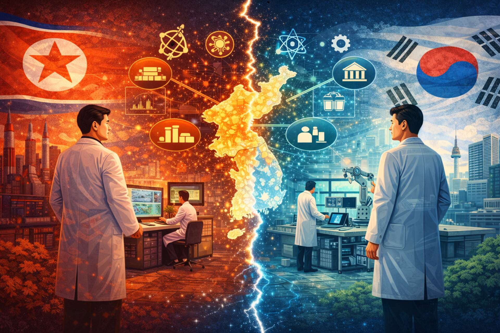 Sfida tecnologica coreana: scena simbolica del confronto tra ecosistemi tecnologici della penisola coreana, con laboratori, scienziati e infrastrutture scientifiche che evidenziano le sfide dell’integrazione tra i due sistemi