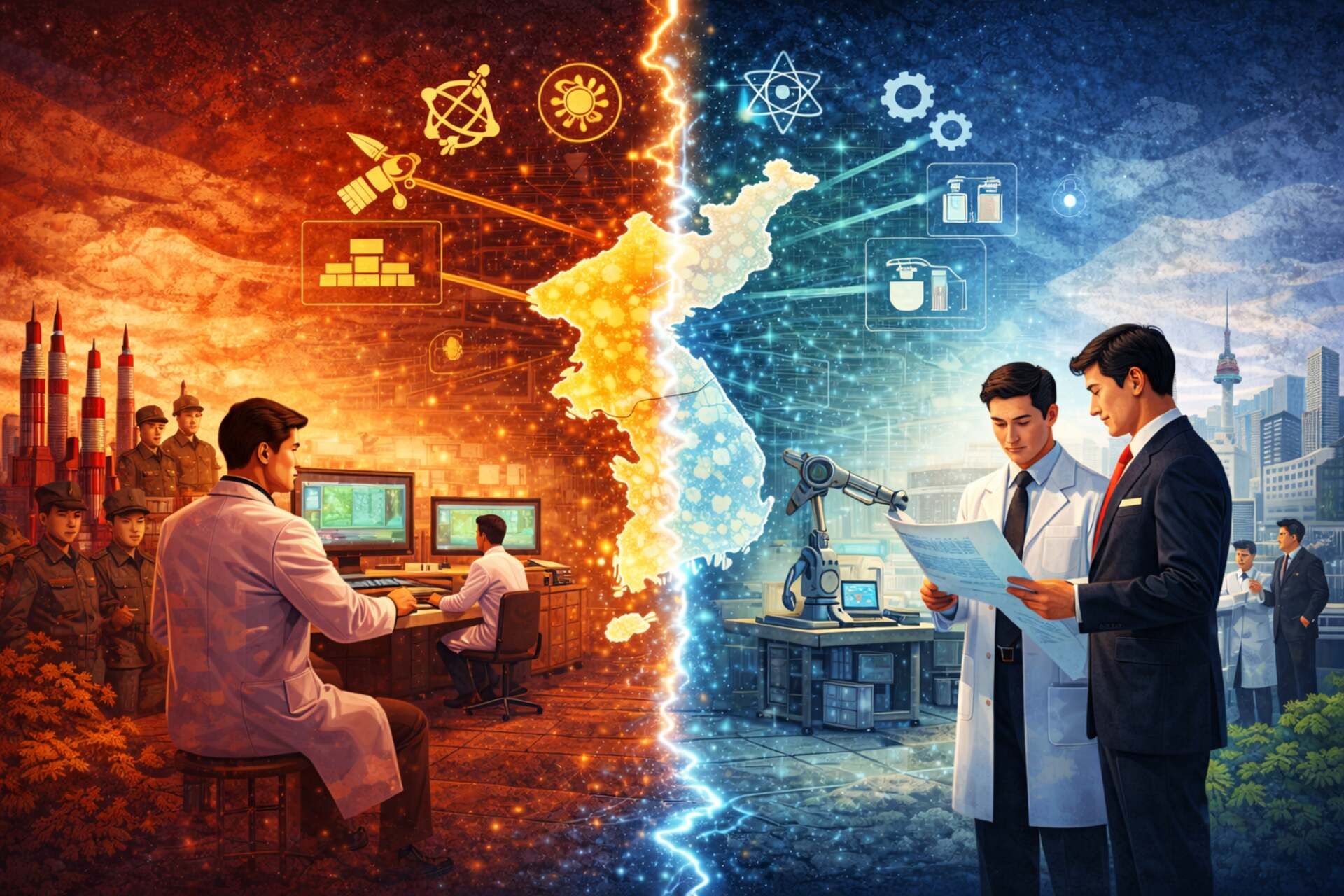 Sfida tecnologica coreana: scena simbolica del confronto tra ecosistemi tecnologici della penisola coreana, con laboratori, scienziati e infrastrutture scientifiche che evidenziano le sfide dell’integrazione tra i due sistemi