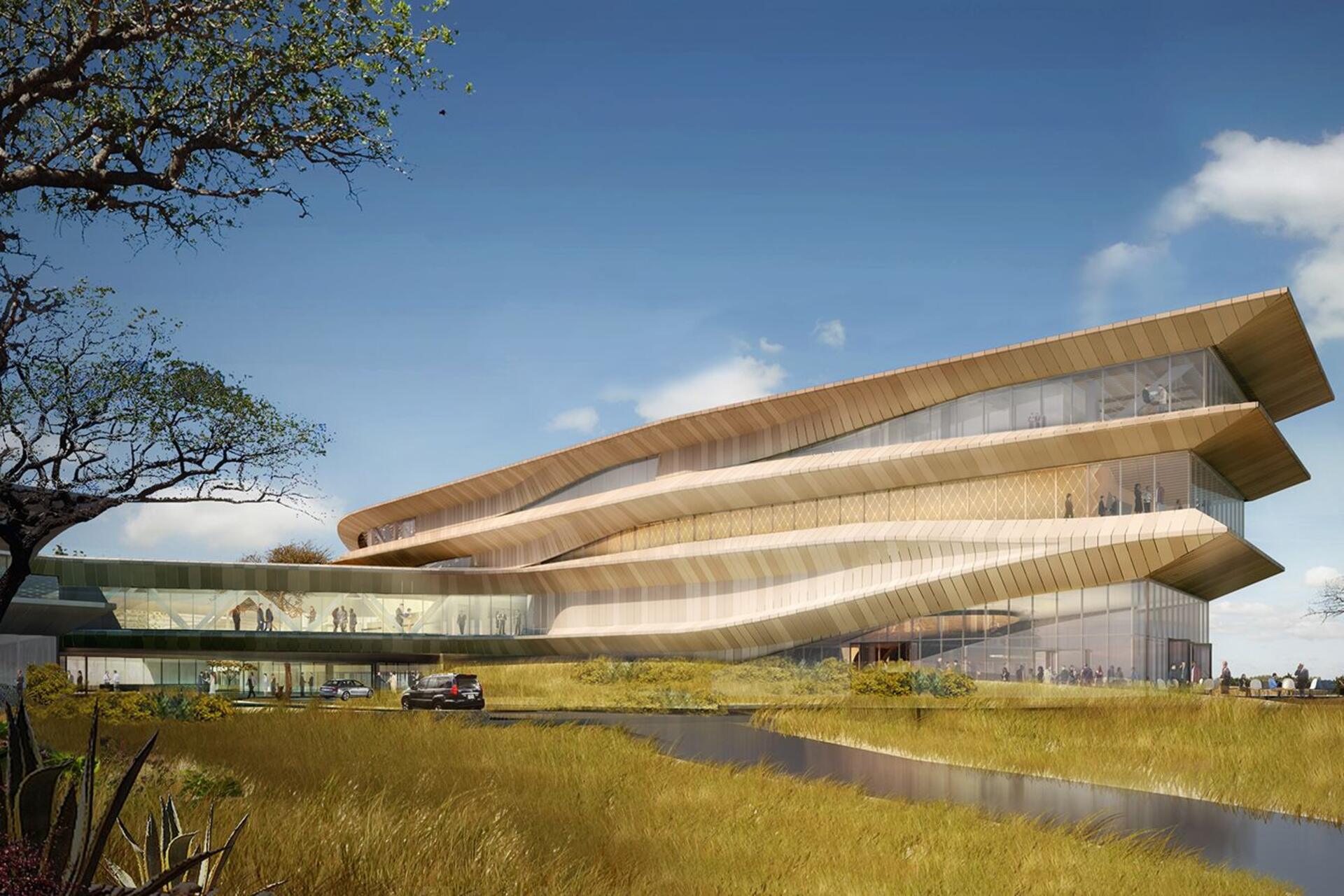 Botswana Innovation Hub: vista aerea del campus nel contesto semi-arido dell’Africa australe, con coperture verdi e impianto planimetrico integrato nel paesaggio del Kalahari per sostenere innovazione e ricerca