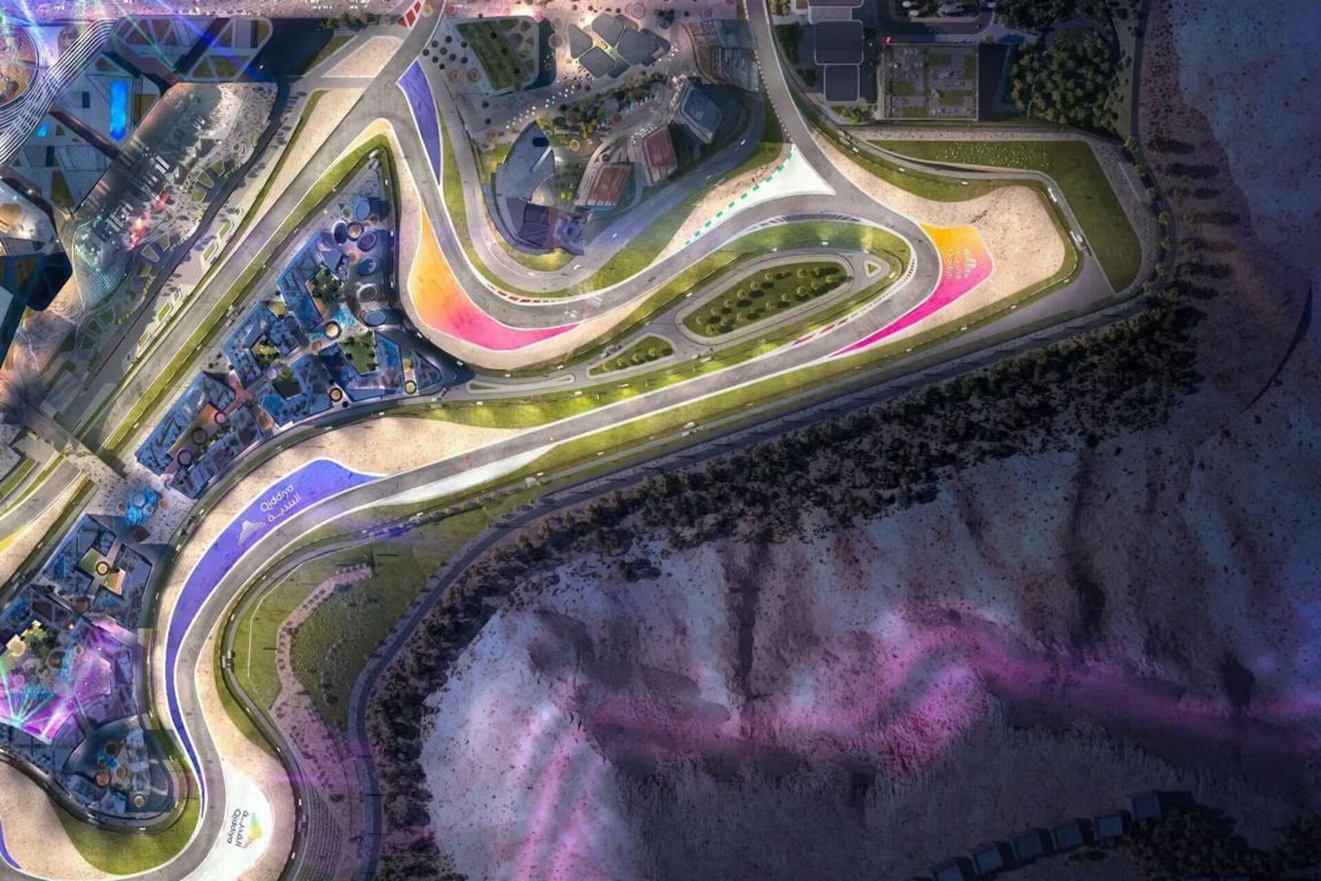 Qiddiya Speed Park Track: vista del tracciato progettato per ospitare competizioni internazionali e grandi eventi, con curve spettacolari, tribune per il pubblico e integrazione con il paesaggio desertico saudita