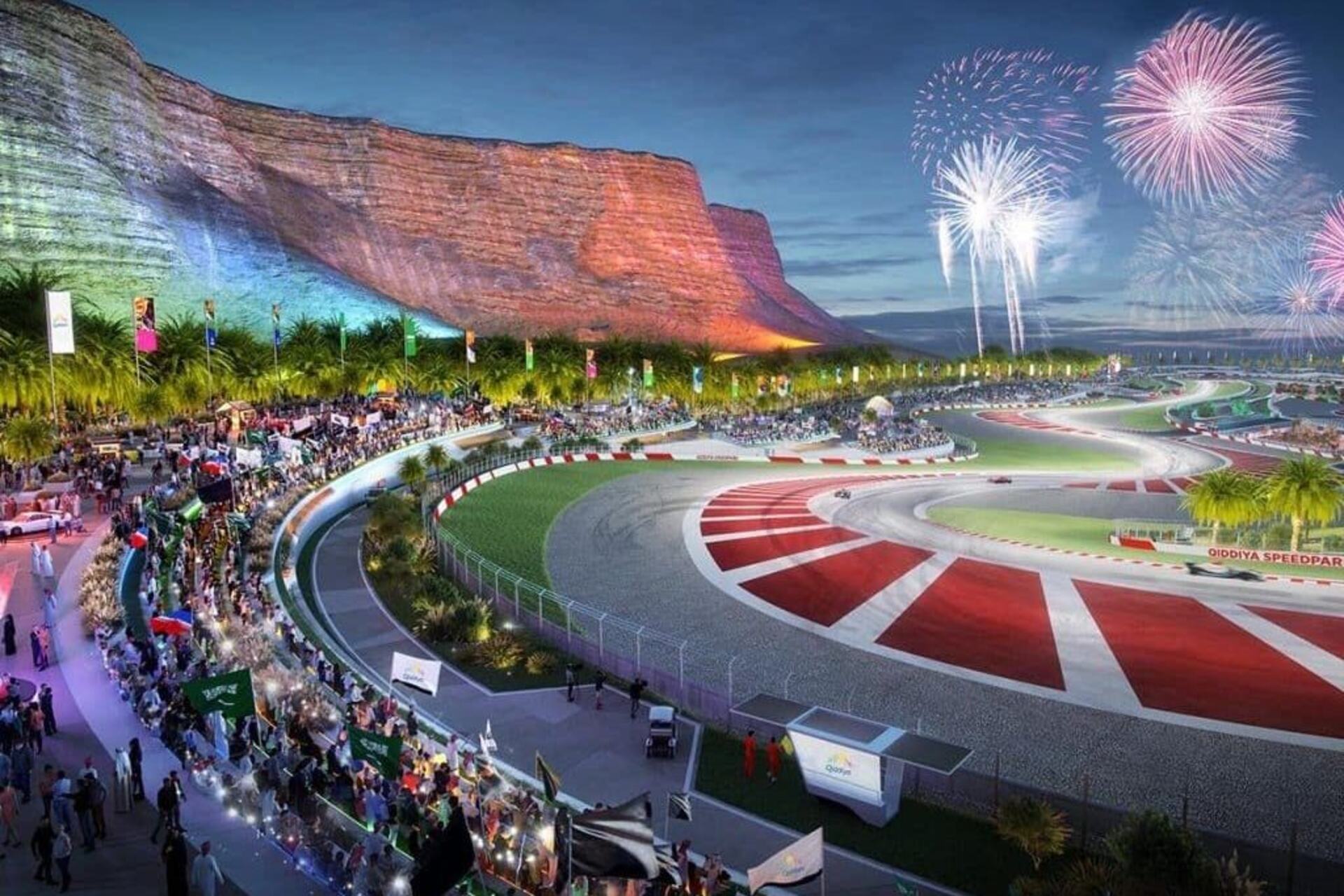 Qiddiya Speed Park Track: rappresentazione del nuovo autodromo della città di Qiddiya, infrastruttura sportiva e turistica pensata per unire motorsport, architettura iconica, intrattenimento e sviluppo territoriale