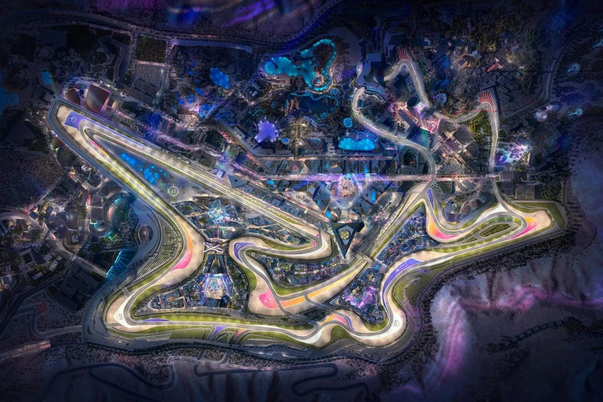 Qiddiya Speed Park Track: panoramica del circuito automobilistico integrato nella città dell’intrattenimento di Qiddiya in Arabia Saudita, tra scogliere del Tuwaiq, architetture futuristiche e infrastrutture dedicate al motorsport