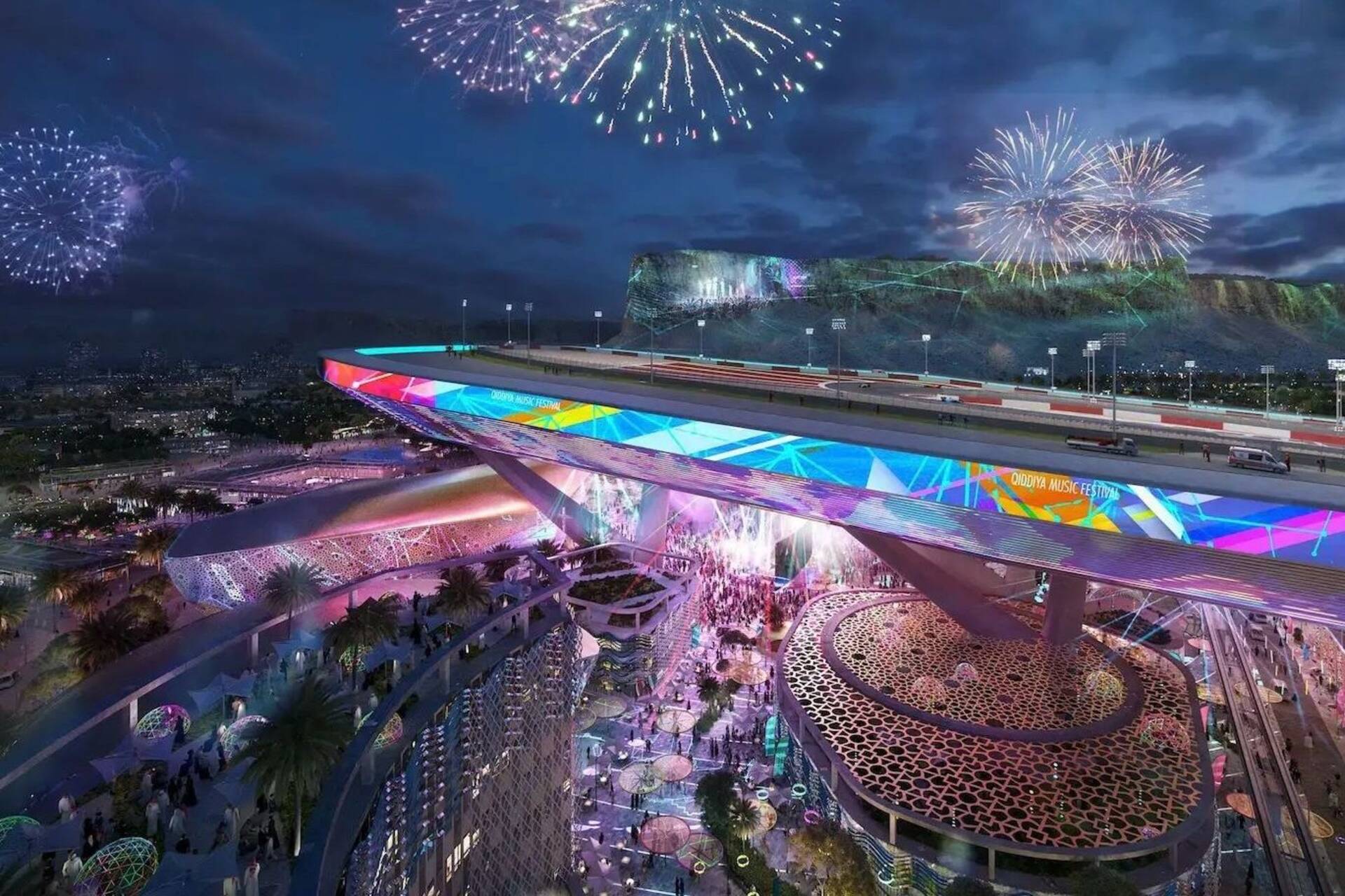 Qiddiya Speed Park Track: vista del tracciato progettato per ospitare competizioni internazionali e grandi eventi, con curve spettacolari, tribune per il pubblico e integrazione con il paesaggio desertico saudita