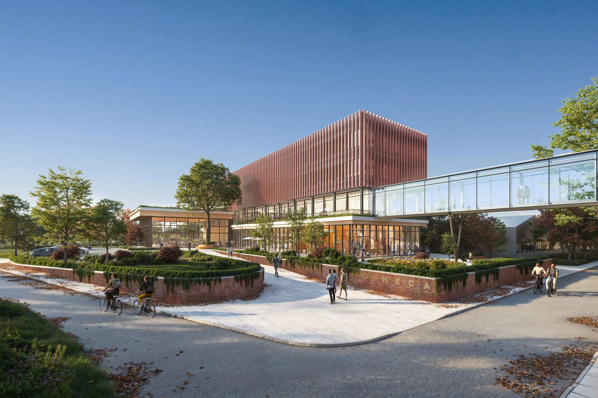Campus CINECA: interni luminosi e aree comuni di un edificio progettato per ricerca, formazione e collaborazione, con attenzione a benessere, flessibilità degli spazi e rapporto con il verde urbano AI
