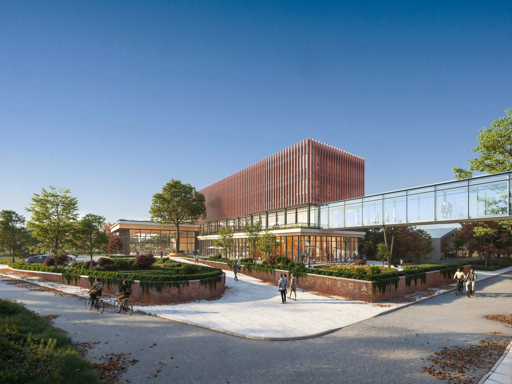 Campus CINECA: vista generale di un complesso moderno dedicato a supercalcolo, innovazione digitale e qualità degli ambienti di lavoro fra giardini, percorsi pedonali e architettura sostenibile locale