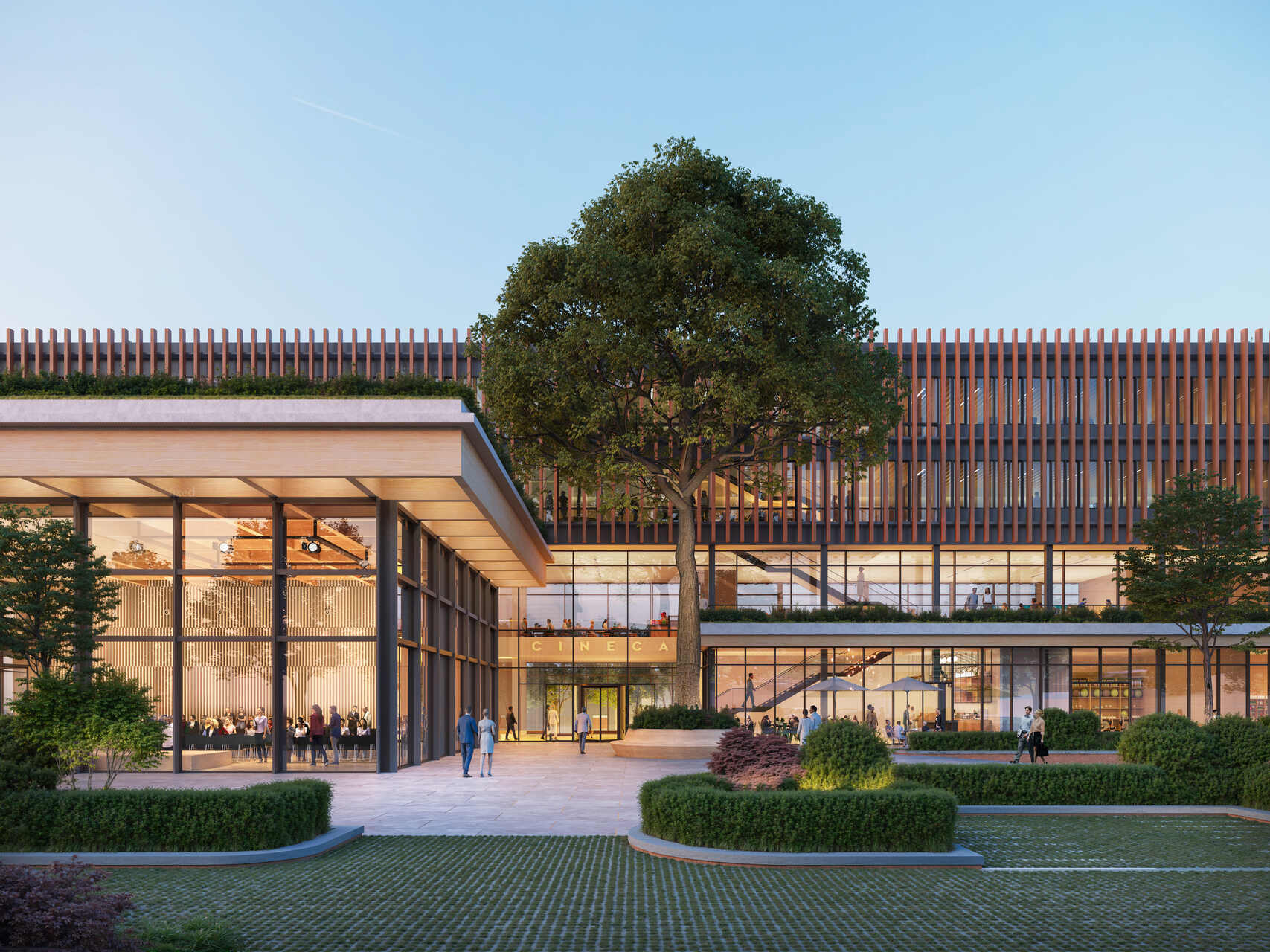 Campus CINECA: rendering architettonico di un nuovo edificio per ricerca, servizi e lavoro collaborativo, con spazi verdi, superfici vetrate e soluzioni sostenibili a Casalecchio di Reno e servizi HPC