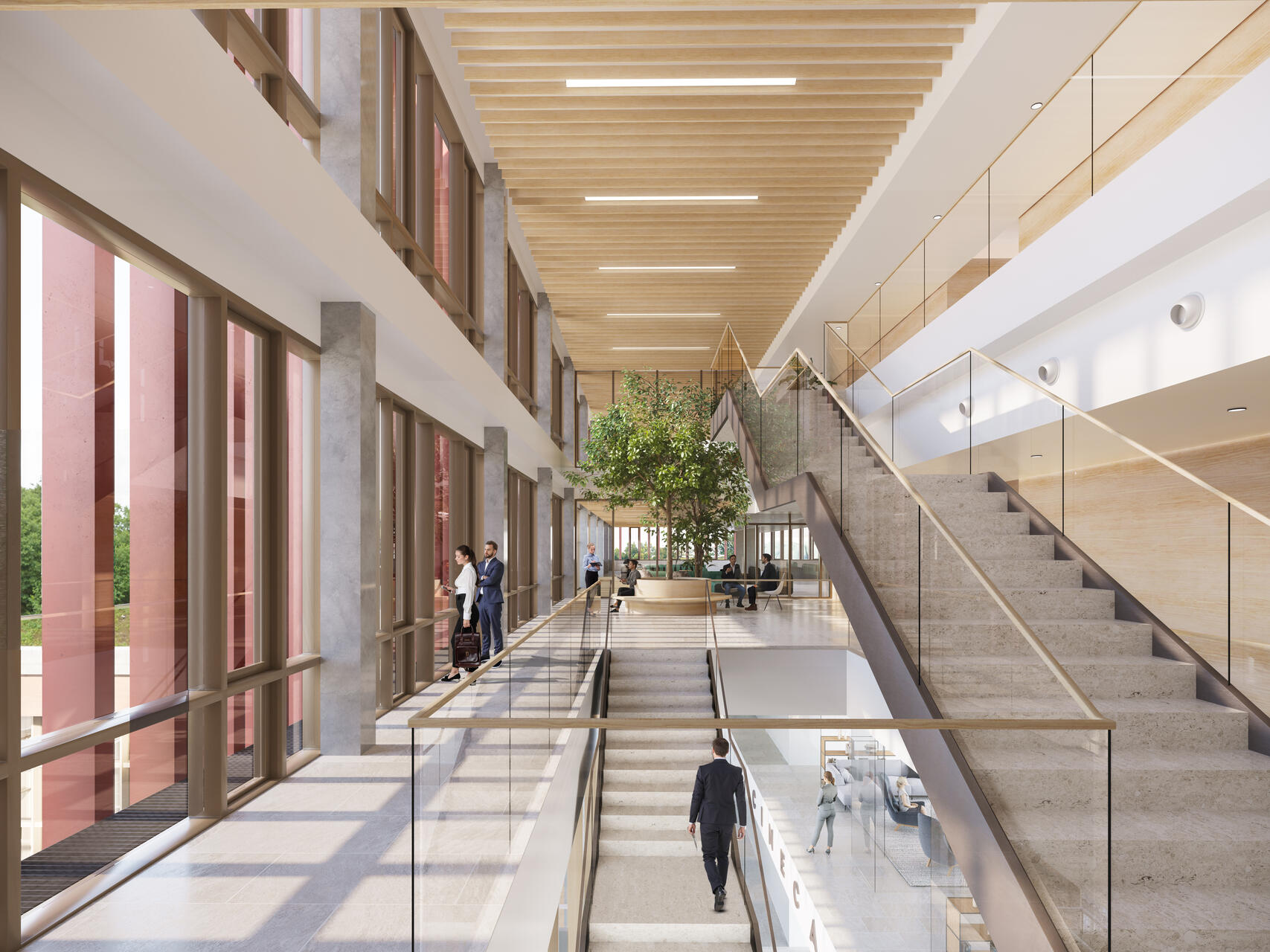 Campus CINECA: rendering architettonico di un nuovo edificio per ricerca, servizi e lavoro collaborativo, con spazi verdi, superfici vetrate e soluzioni sostenibili a Casalecchio di Reno e servizi HPC