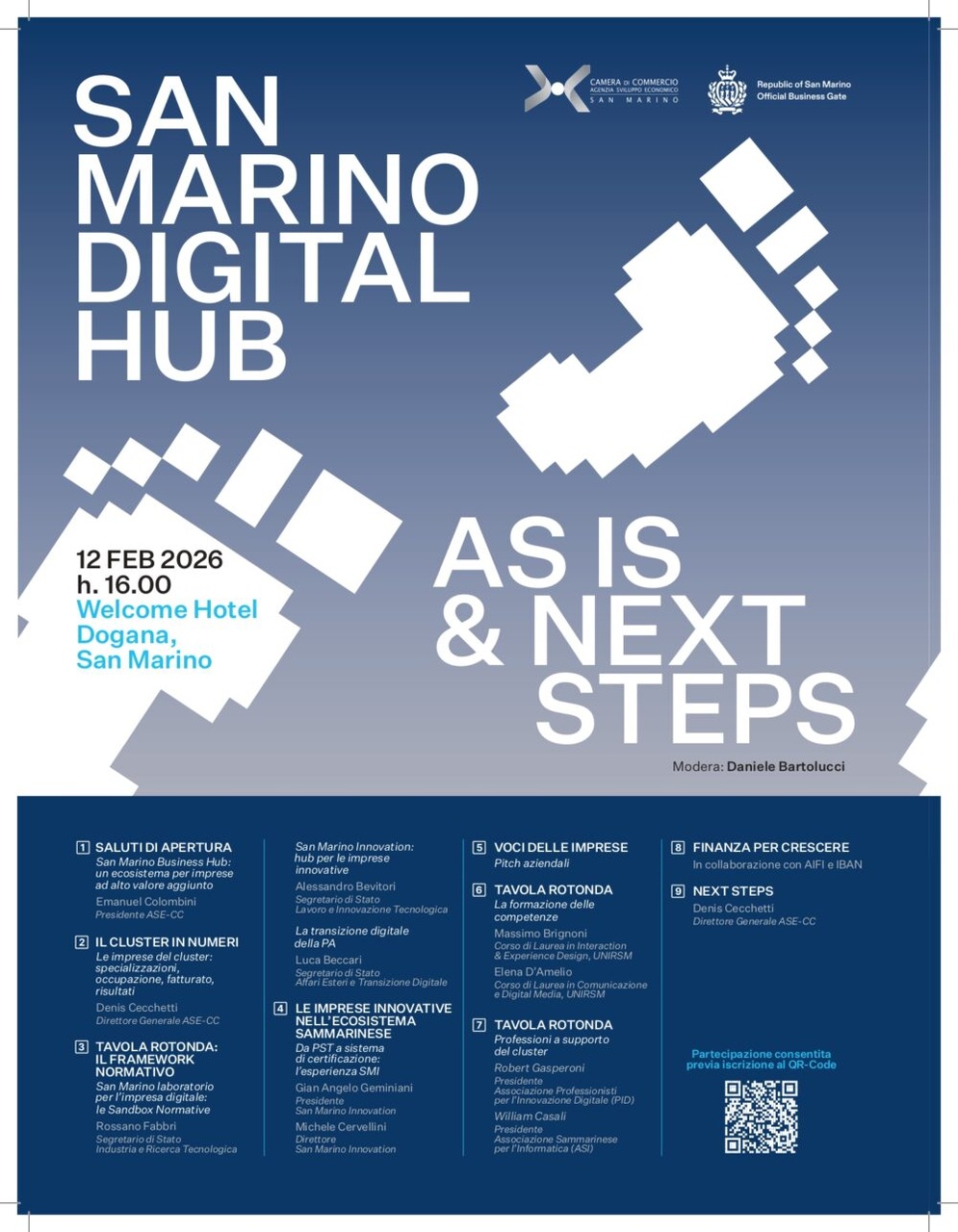 San Marino: conferenza con panel, schermi e materiali informativi dedicati all’ecosistema digitale sammarinese, tra strategie industriali, attrazione di capitali, formazione e innovazione per il futuro