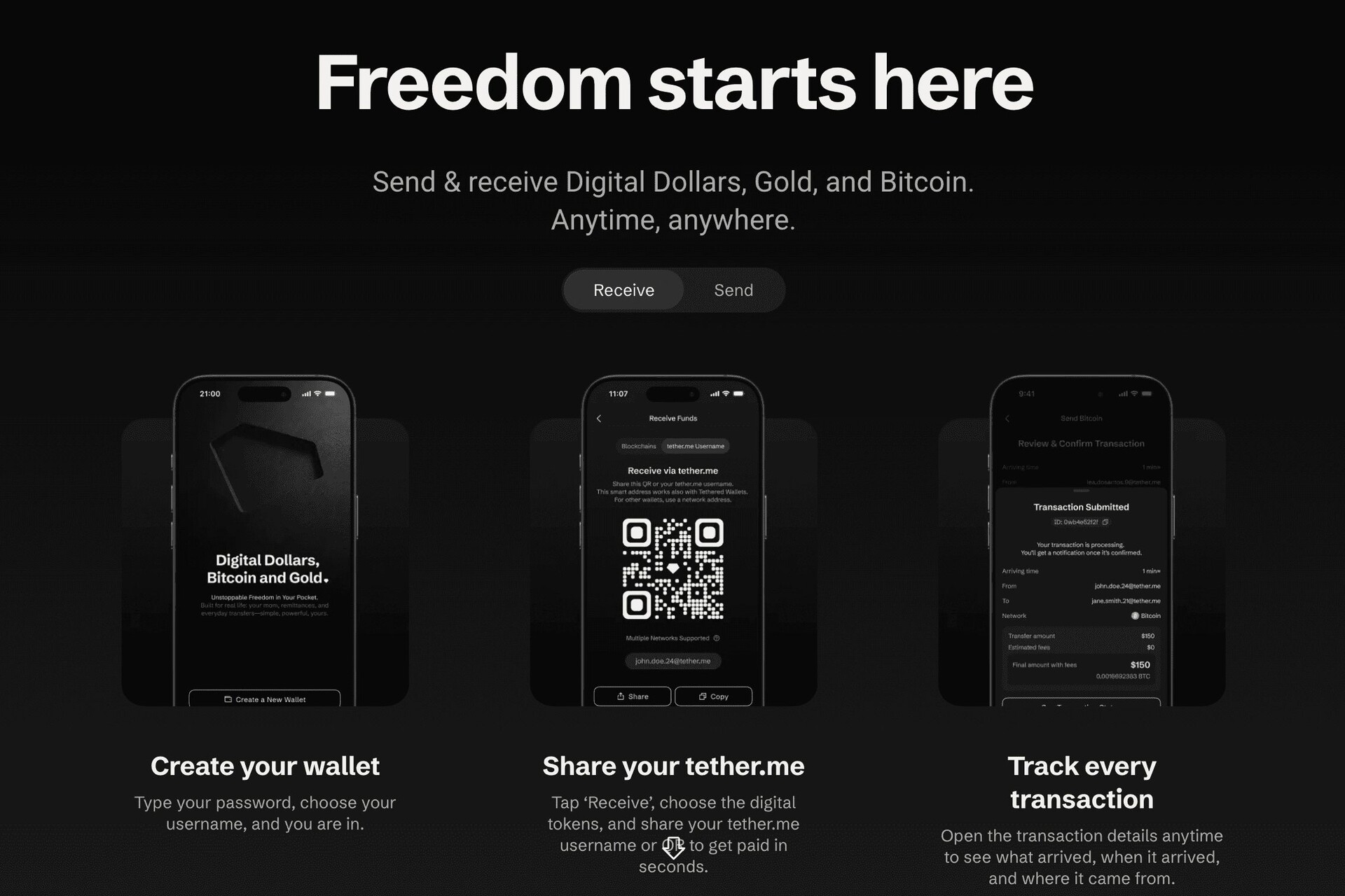 Tether Wallet: interfaccia digitale per inviare, ricevere e gestire dollari digitali, Bitcoin e oro in un ambiente mobile progettato per semplificare trasferimenti e uso quotidiano degli asset crypto