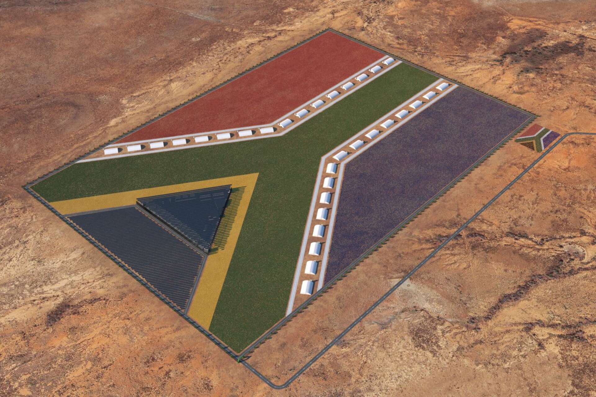 The Giant Flag: vista aerea e satellitare dell’area destinata alla grande bandiera vivente nel Karoo, esempio di infrastruttura simbolica che intreccia innovazione ambientale, sviluppo locale e narrazione del territorio