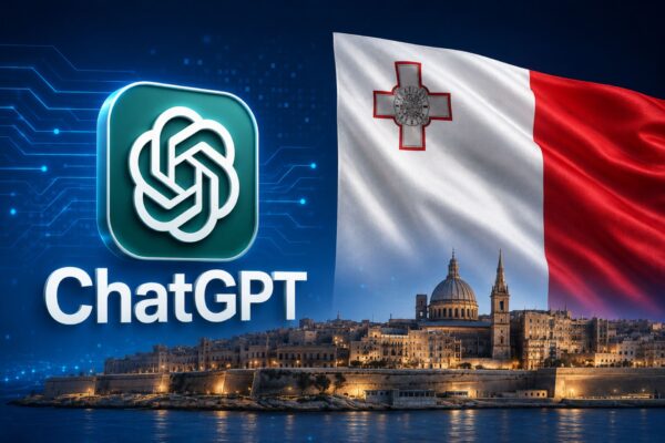 Malta e ChatGPT: rappresentazione visiva del programma nazionale dedicato all’Intelligenza Artificiale generativa, con bandiera maltese, logotipo tecnologico e riferimenti alla trasformazione digitale