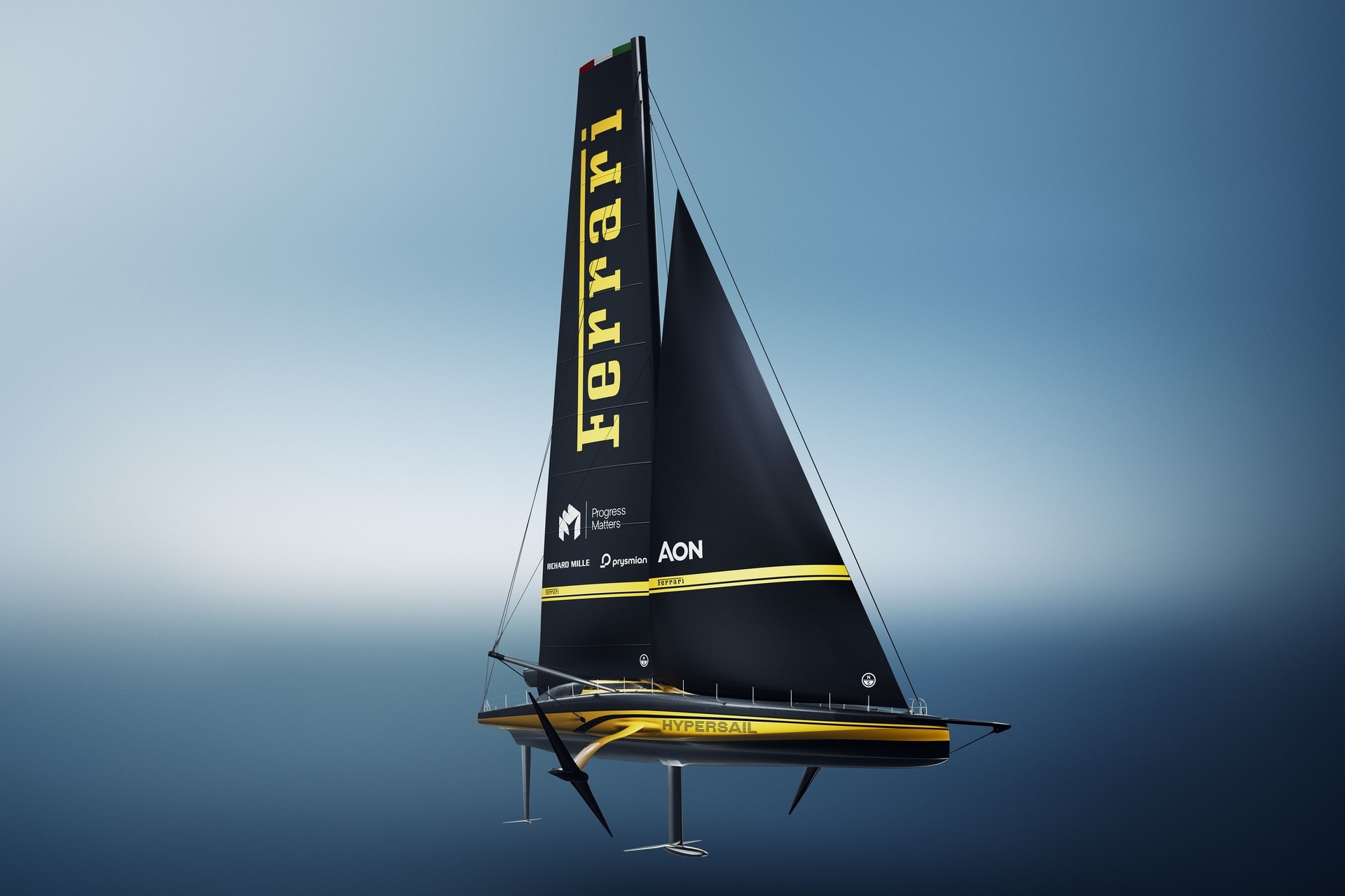 Ferrari Hypersail: рендеринг полнокорпусного монокорпусного судна с черными парусами и желтым корпусом, символизирующий перенос опыта Ferrari в передовые технологии океанского парусного спорта.