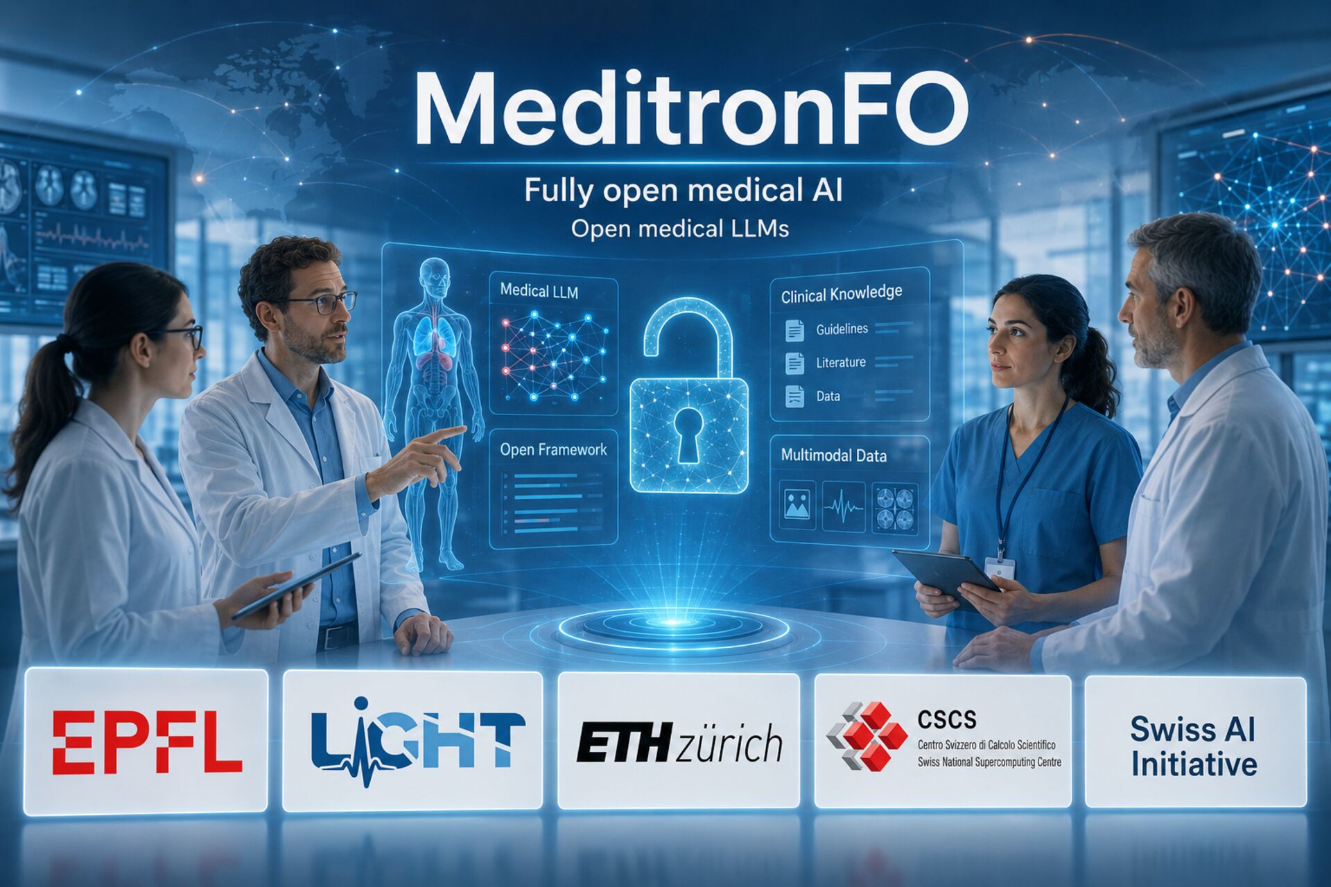 MeditronFO: illustrazione sull’intelligenza artificiale medica aperta, con ricercatori, clinici e dati sanitari usati per rendere più trasparenti e verificabili gli LLM clinici