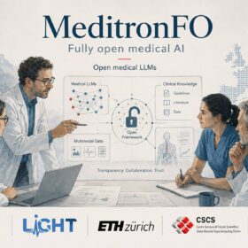 MeditronFO: illustrazione sull’intelligenza artificiale medica aperta, con ricercatori, clinici e dati sanitari usati per rendere più trasparenti e verificabili gli LLM clinici