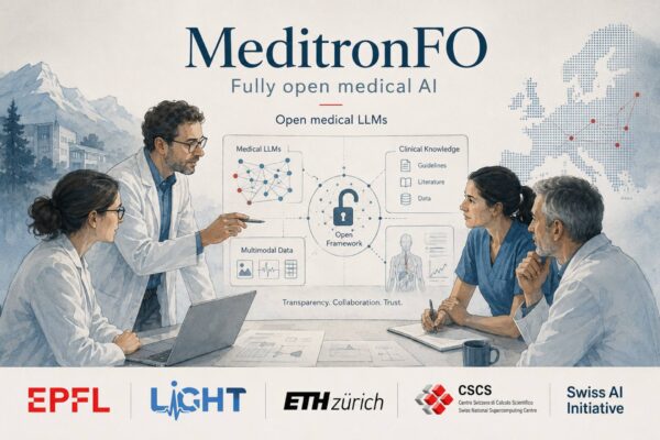 MeditronFO: illustrazione sull’intelligenza artificiale medica aperta, con ricercatori, clinici e dati sanitari usati per rendere più trasparenti e verificabili gli LLM clinici