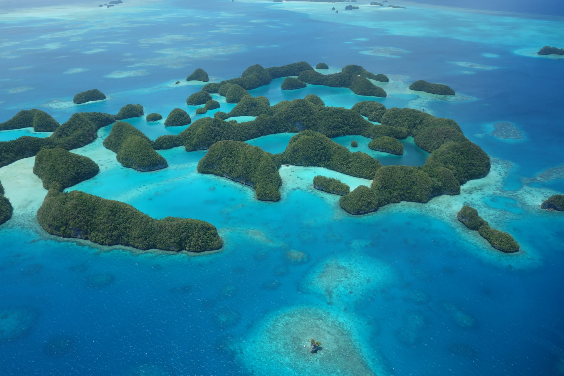 Palau National Communications Corporation: panorama di Koror e delle Rock Islands, simbolo di connettività mobile, trasformazione digitale, turismo sostenibile e innovazione nelle isole del Pacifico