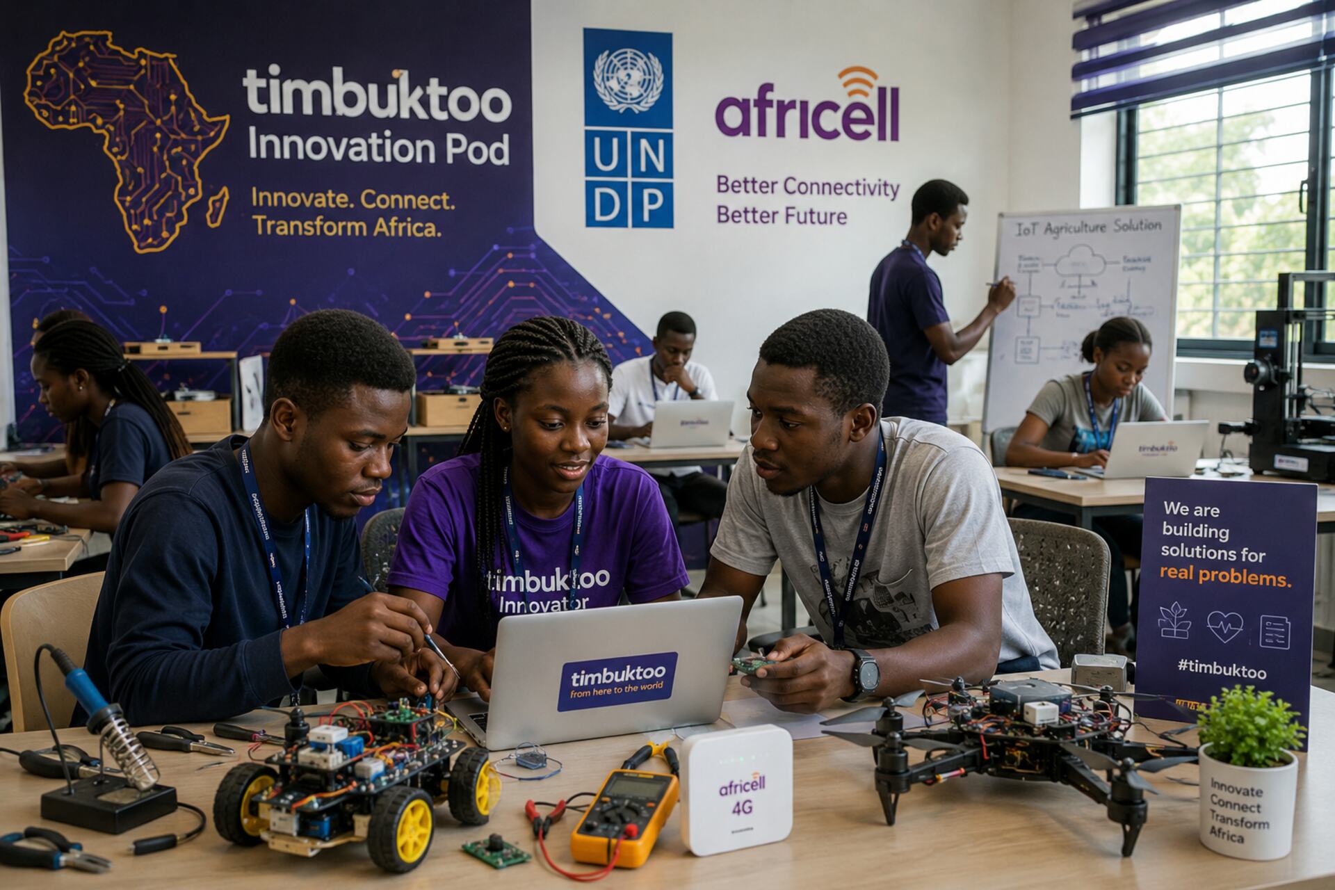 Maker africani: studenti e giovani fondatori lavorano in un UniPod con dispositivi digitali, connessione Internet veloce e tecnologie di prototipazione per nuove imprese