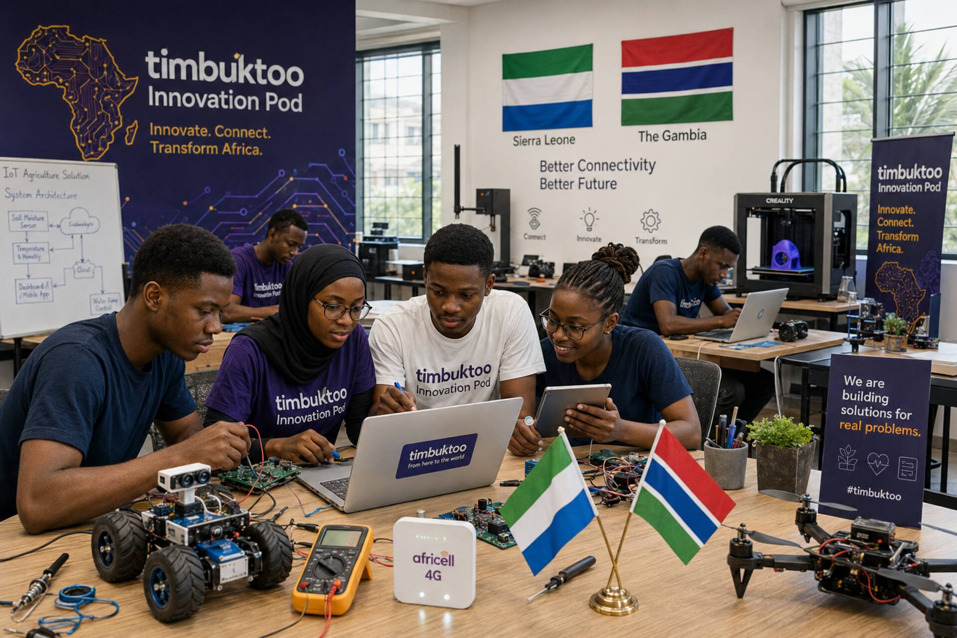 Maker africani: giovani innovatori collaborano in un laboratorio digitale connesso, tra laptop, prototipi, sensori e strumenti IoT per sviluppare soluzioni tecnologiche locali