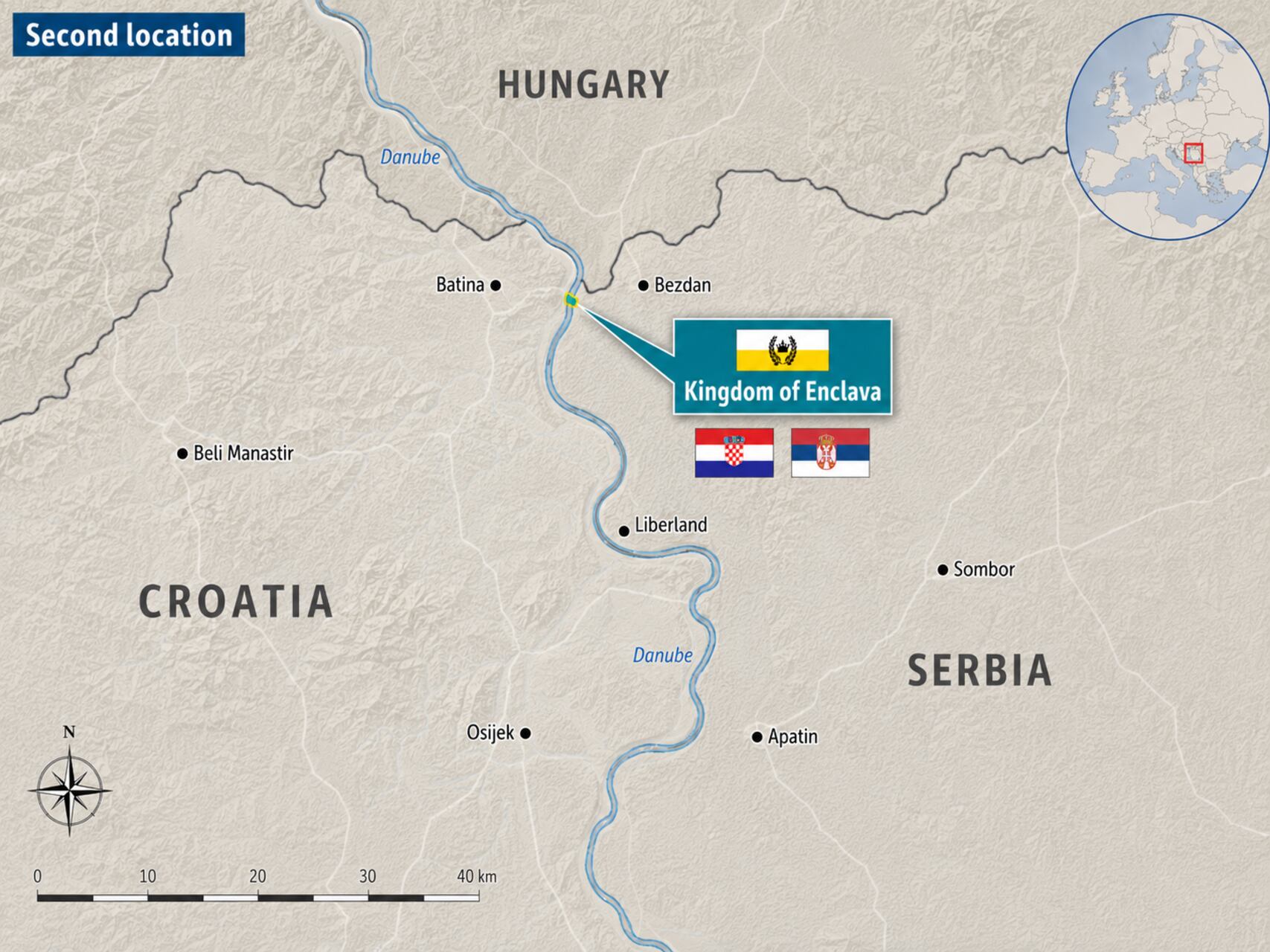 Enclava: mappa dei Balcani con il presunto microterritorio tra Slovenia, Croazia e Serbia, evidenziato come caso di micronazione nata da dispute di confine