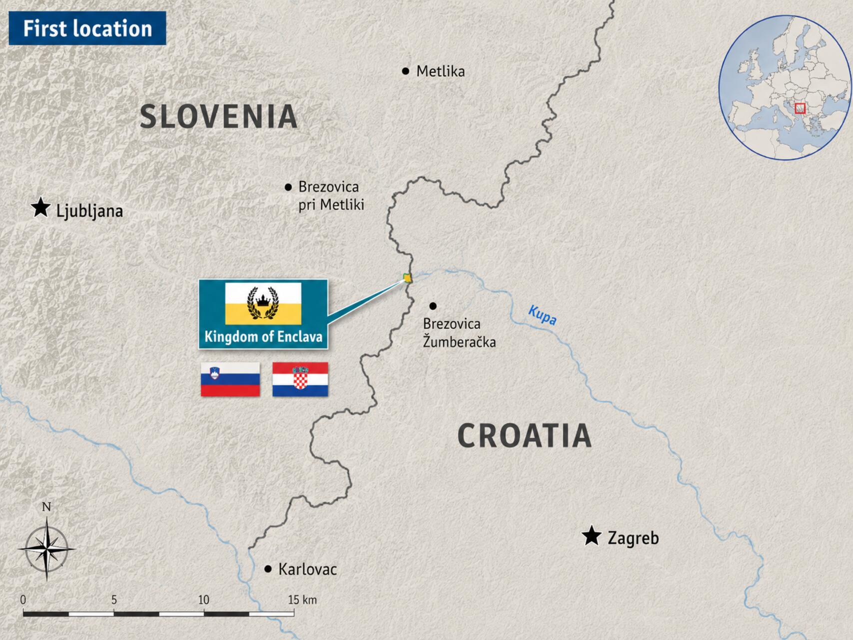 Enclava: mappa dei Balcani con il presunto microterritorio tra Slovenia, Croazia e Serbia, evidenziato come caso di micronazione nata da dispute di confine