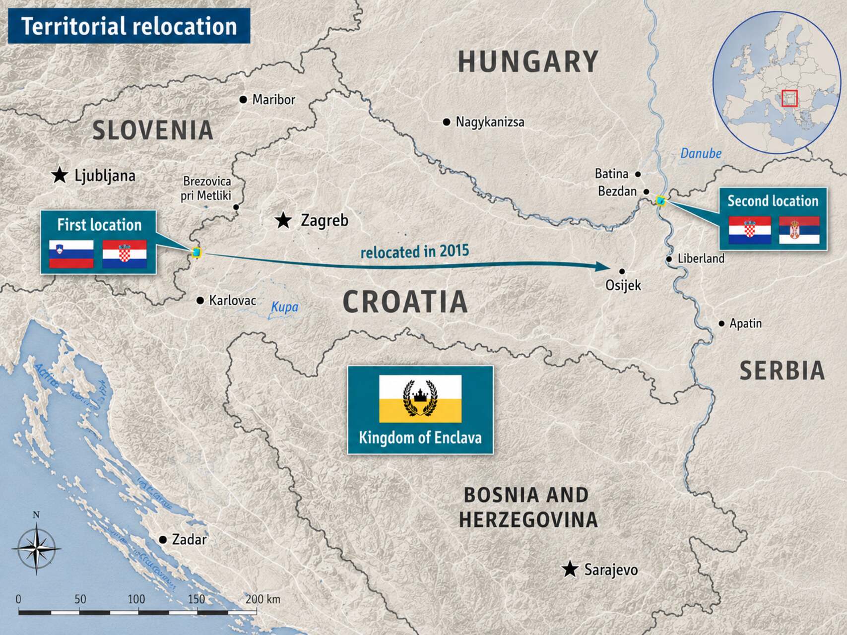 Enclava: rappresentazione cartografica del piccolo territorio rivendicato nel 2015 vicino ai confini post-jugoslavi, con Stati confinanti e area indicata