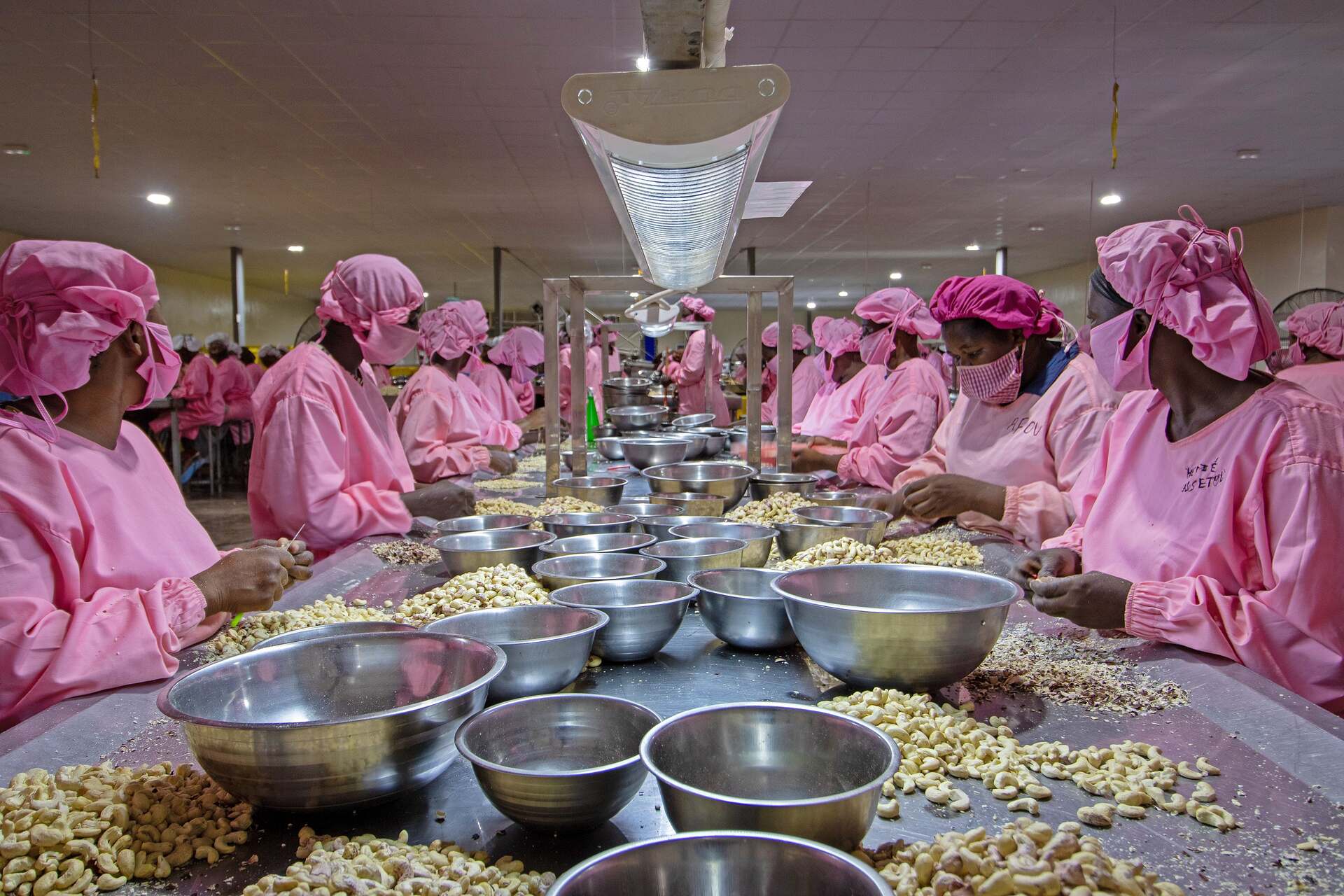 Gebana: interno della fabbrica in Burkina Faso con addette e addetti impegnati nella lavorazione di anacardi e manghi, tra selezione, logistica, preparazione alimentare e controllo qualità